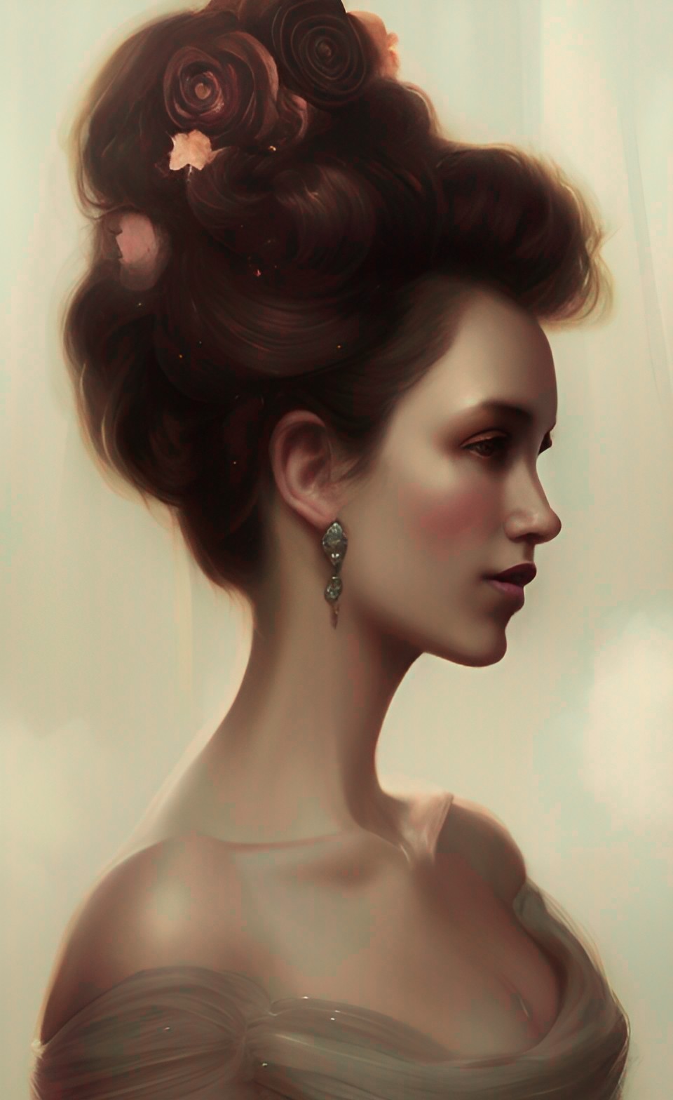 victorian-styled hair with a high amount of curl, portrait of an elegant woman. preview