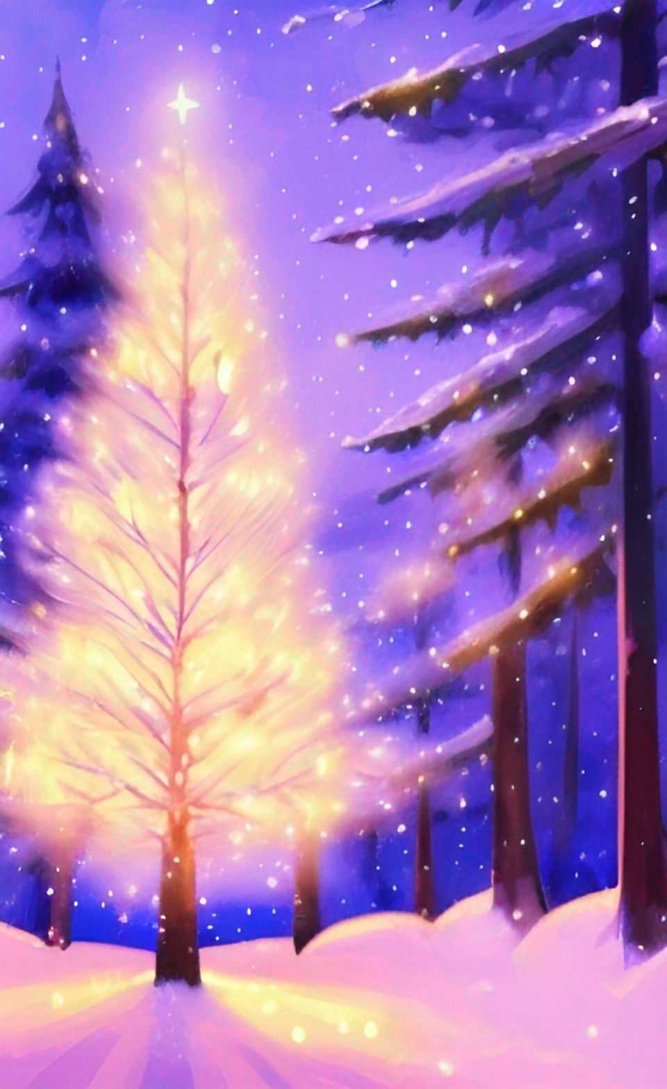 christmas lights tree with a star, snow forest cheery, digital art, sharp focus, trending on art station, kentaro miura manga art style preview