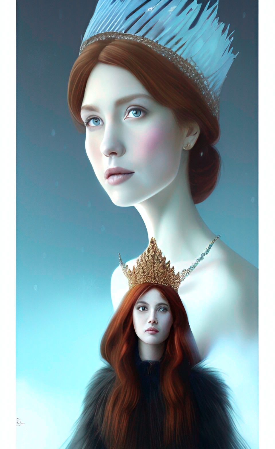 portrait of a woman with auburn hair, wearing a crown made of ice, dark gradient backdrop preview