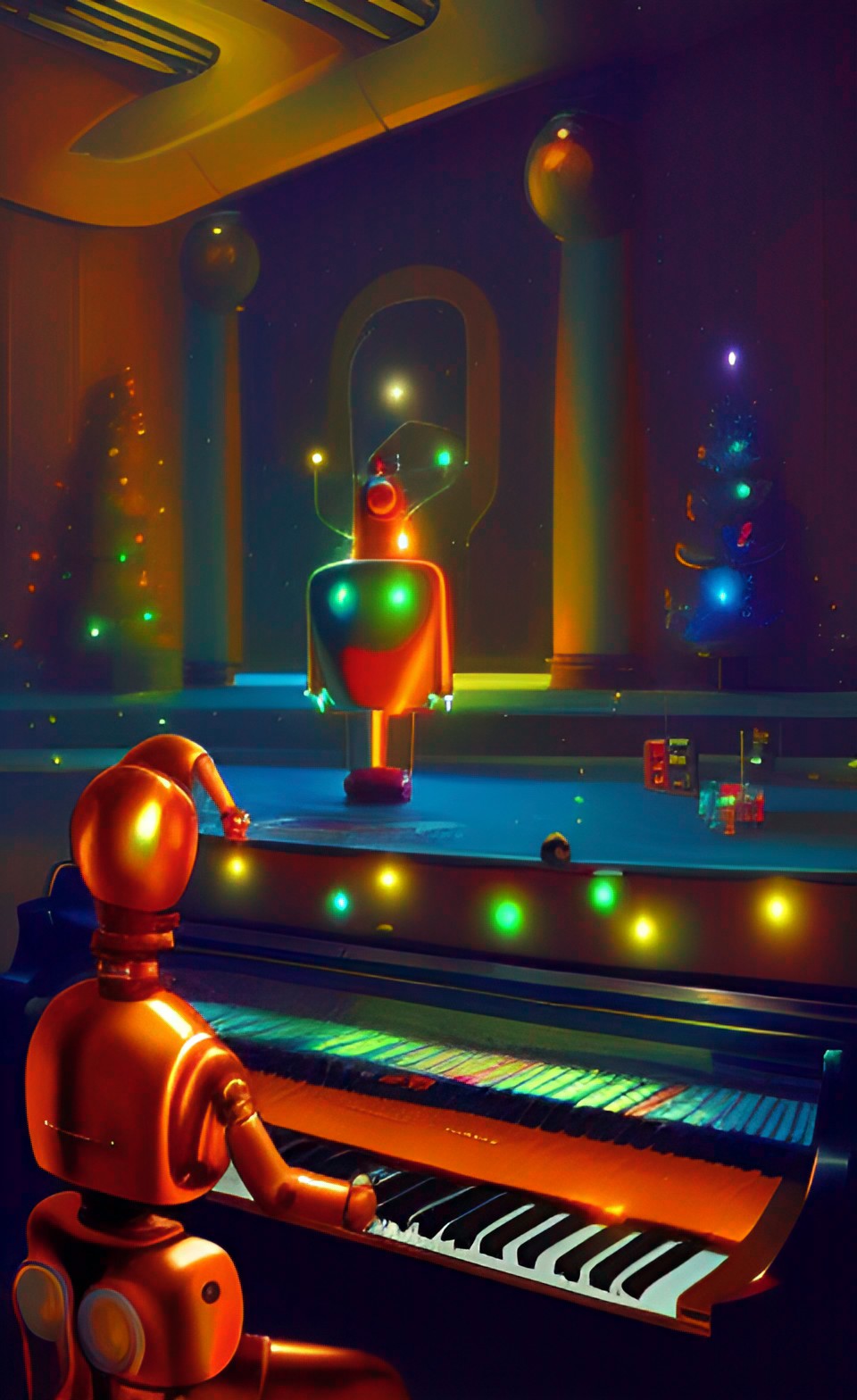 robot playing a piano at christmas time dramatic lighting 4k glittery glossy glowing preview