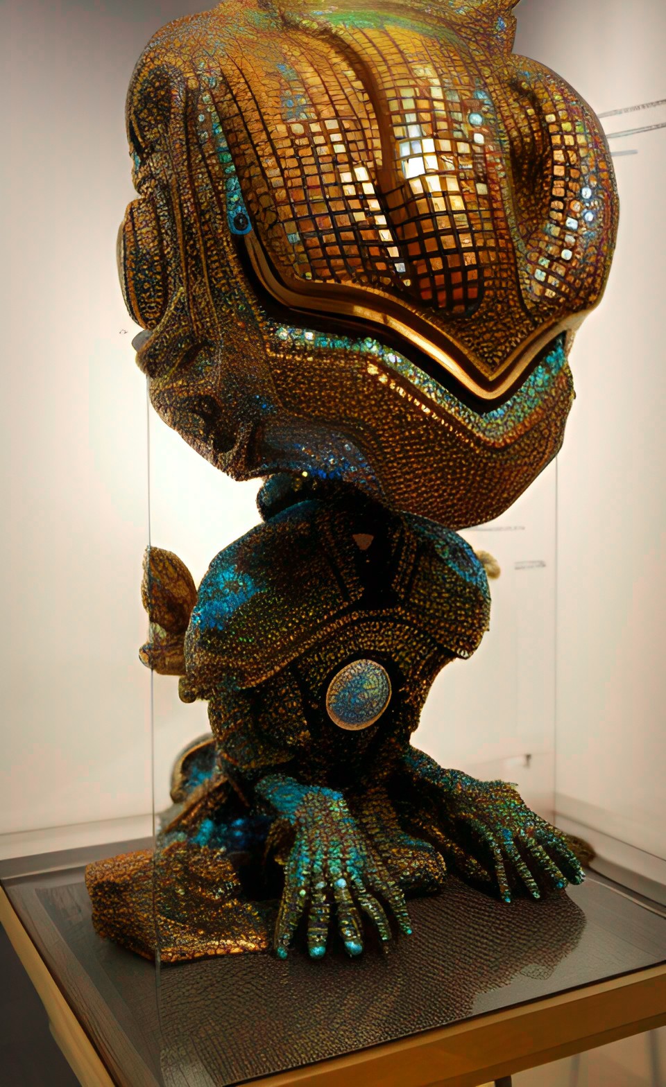 museum exhibit of alien statues encrusted with sparkling gemstones preview