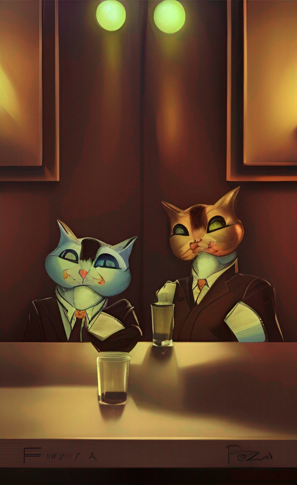 two cats planning a corporate takeover during happy hour at an upscale bar preview