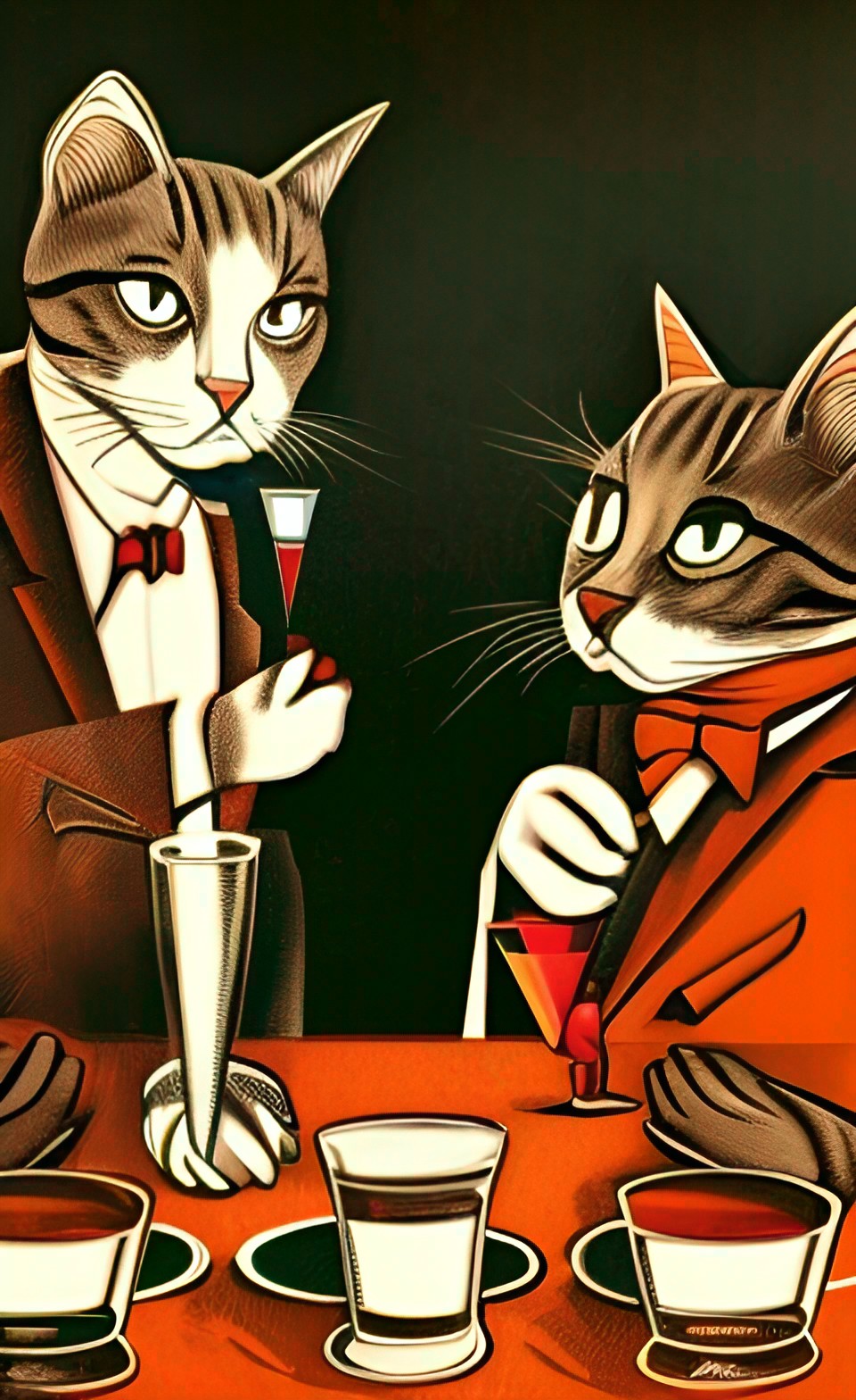 two cats planning a corporate takeover during happy hour at an upscale bar preview