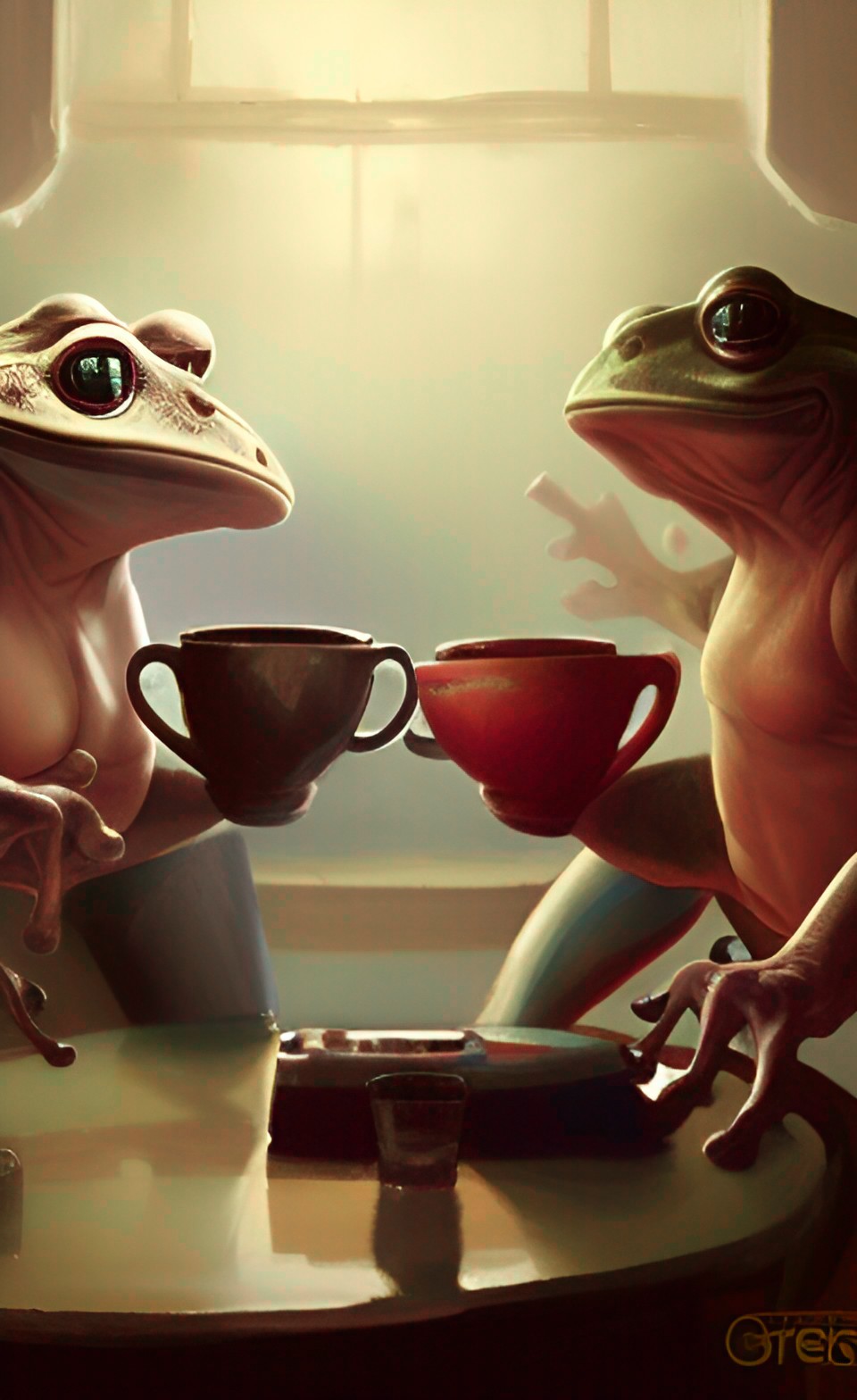 frogs discussing american politics over cups of expensive coffee preview