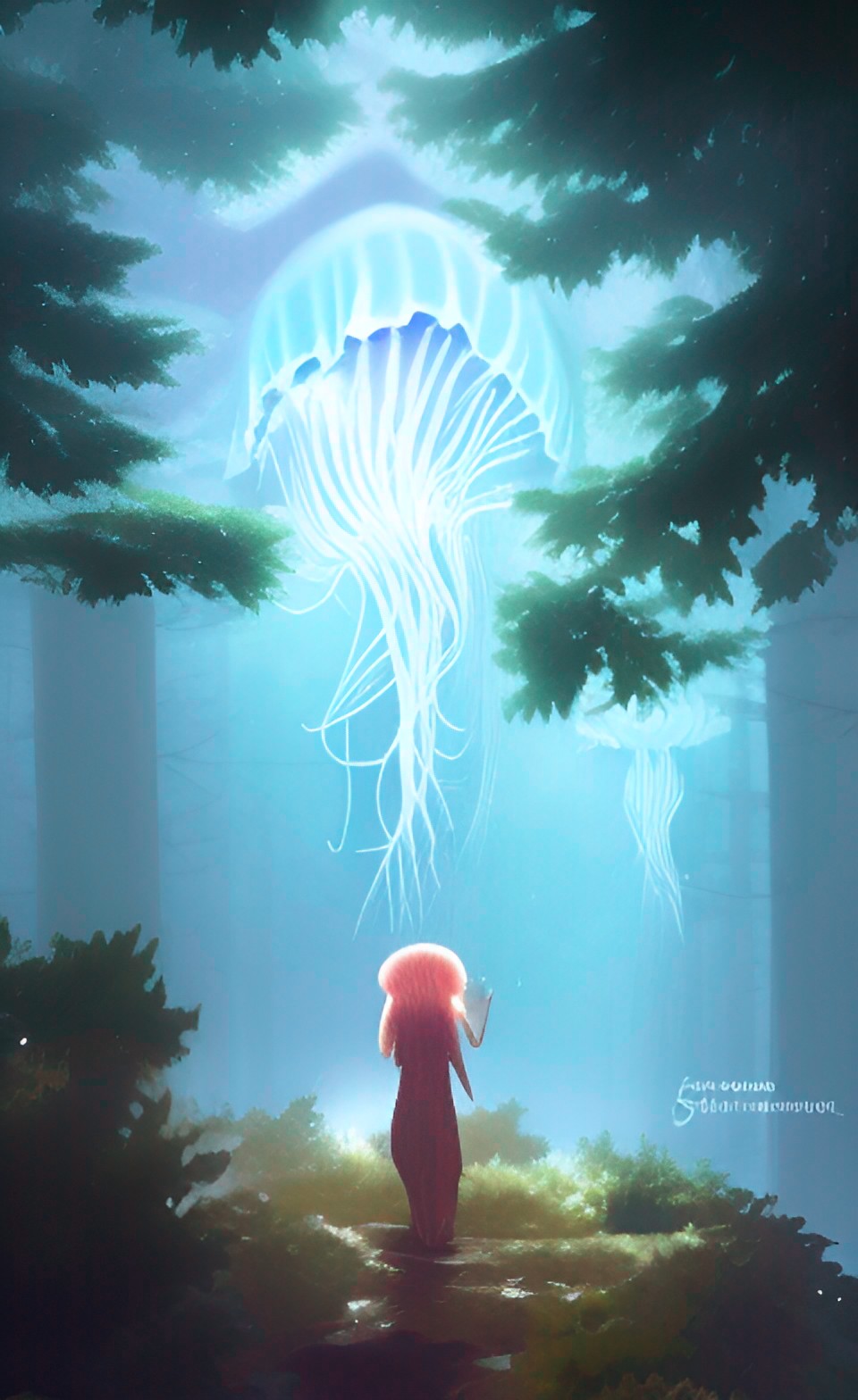 jellyfish lurking among the trees in a mountain forest preview