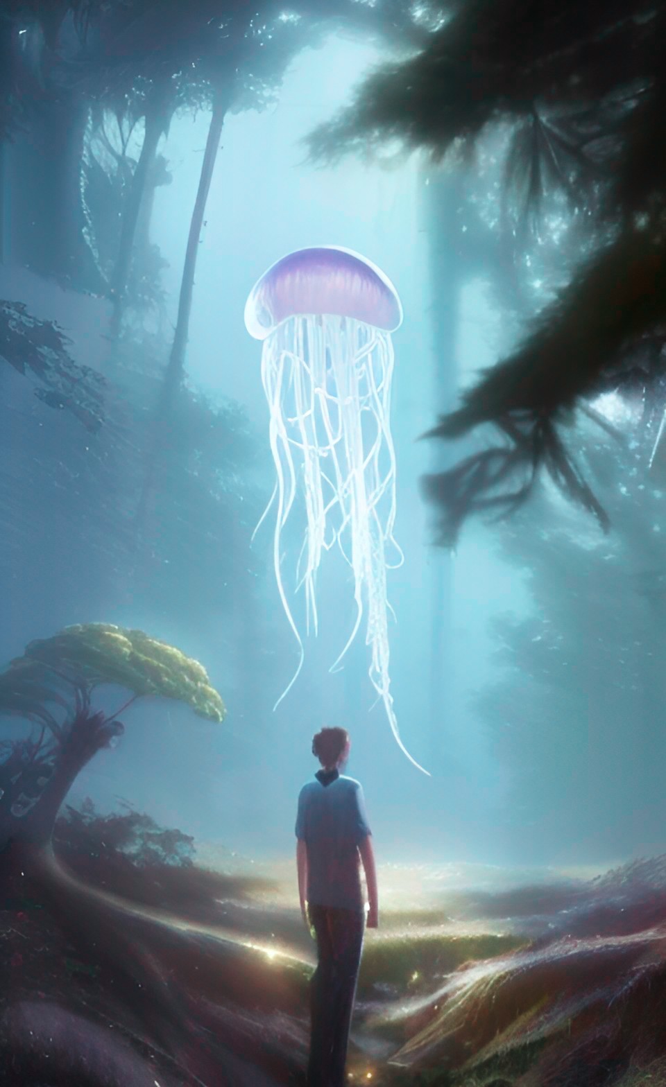 jellyfish lurking among the trees in a mountain forest preview