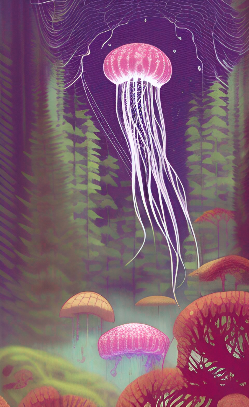 jellyfish lurking among the trees in a mountain forest preview