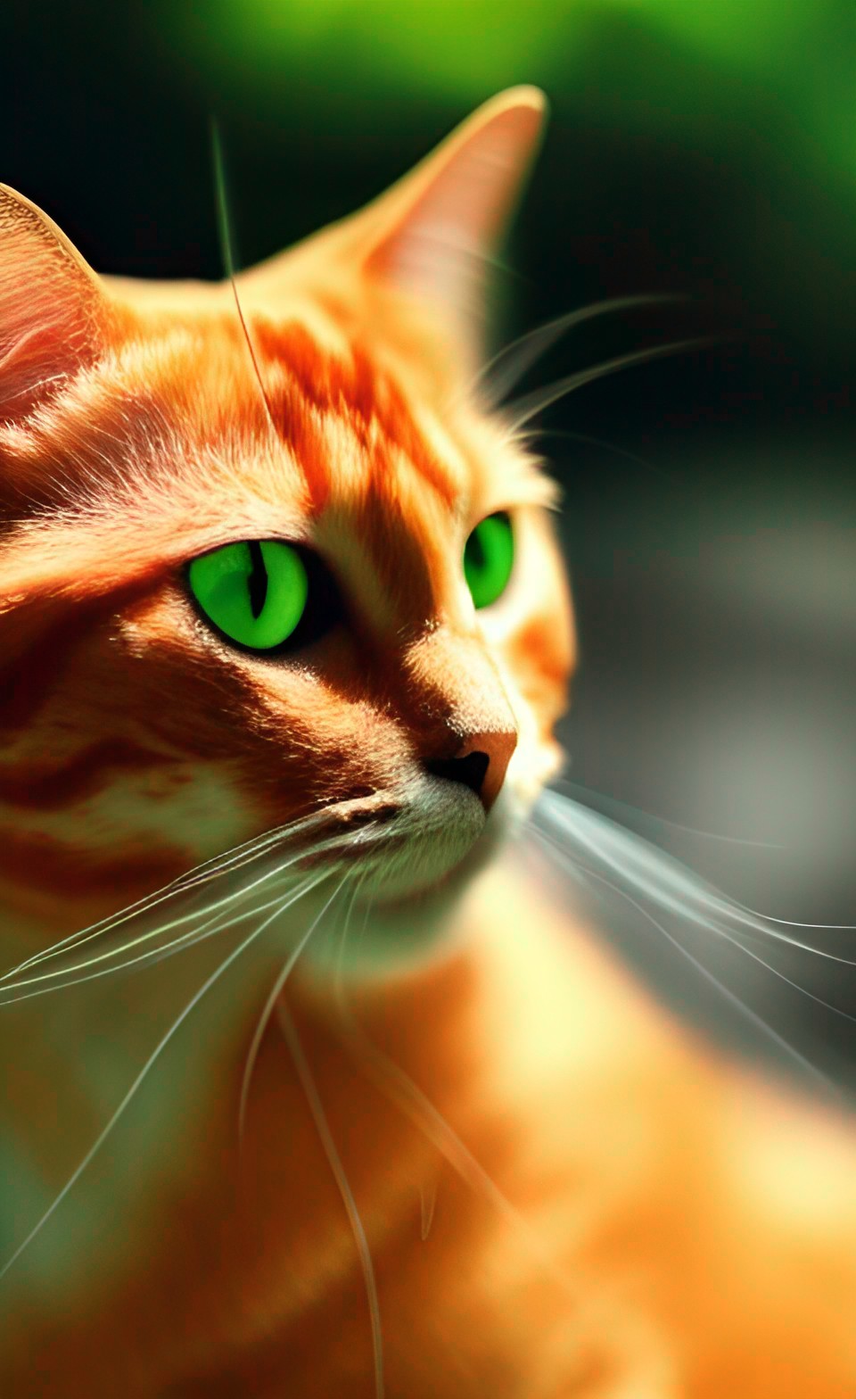 detailed orange cat with green eyes sitting on a large rock in the forest preview