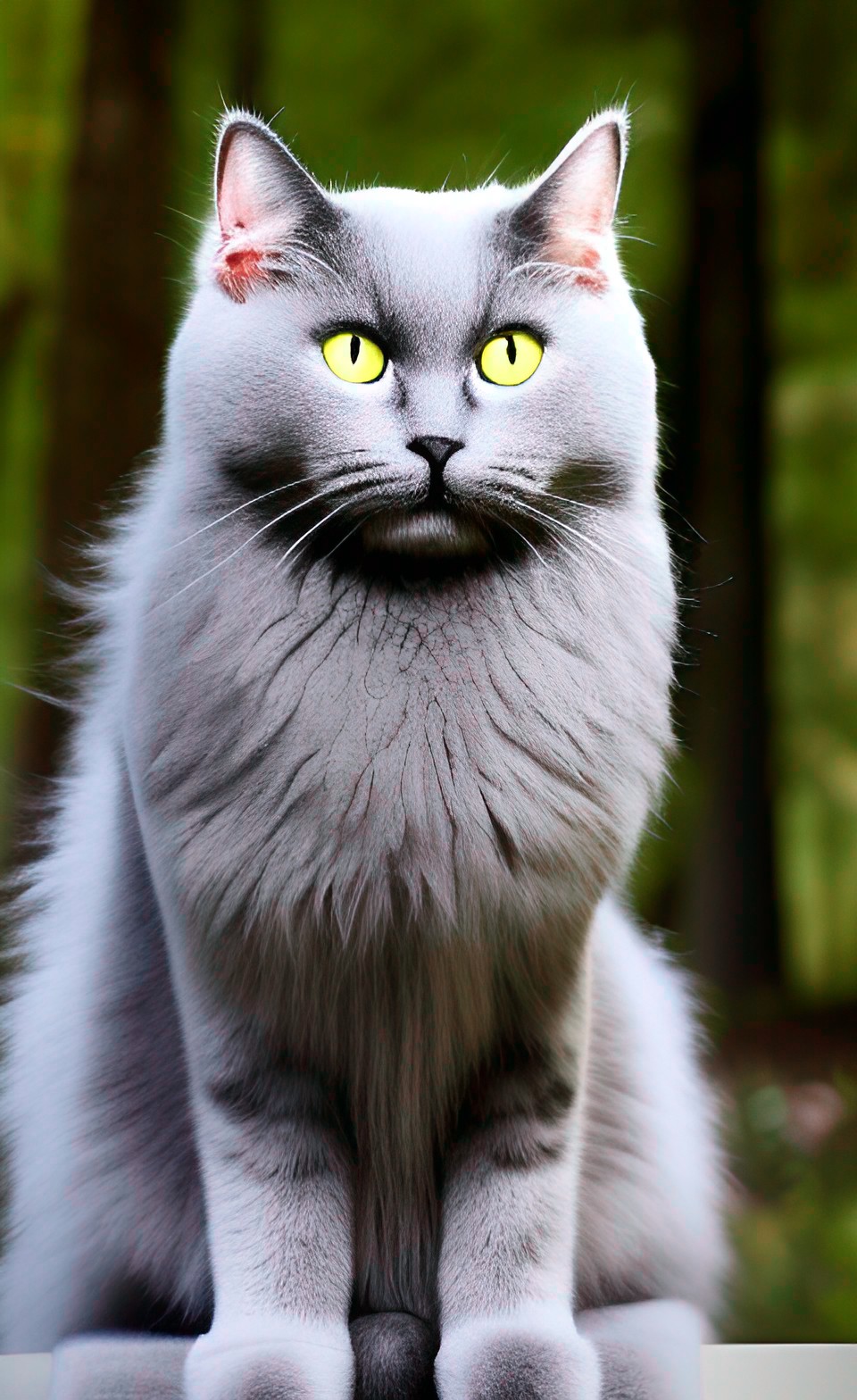 detailed fluffy gray cat muscular yellow eyes in forest preview