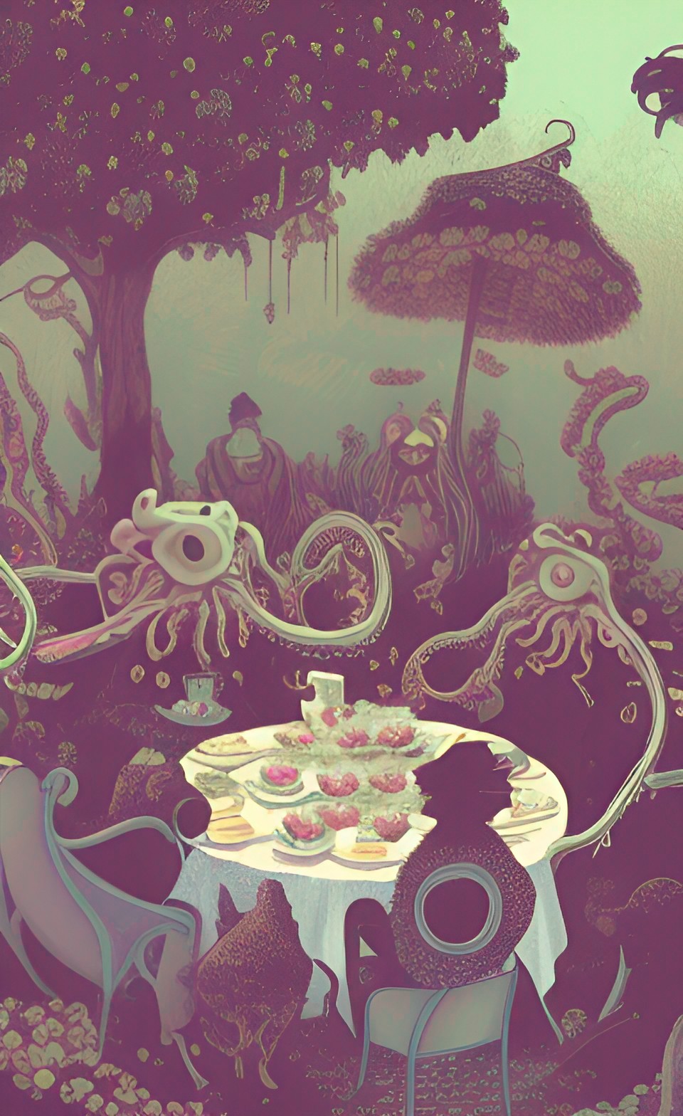 a formal tea party in a rose garden with tentacle creatures, monsters, demons, and black mist preview