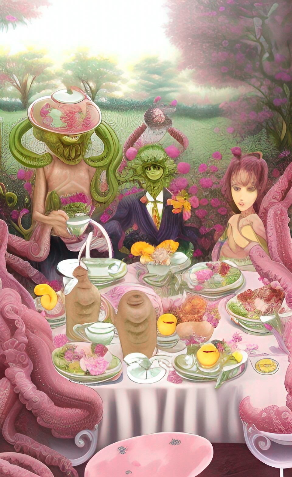 a formal tea party in a rose garden on a sunny day with tentacle creatures, monsters, demons, and phantoms preview