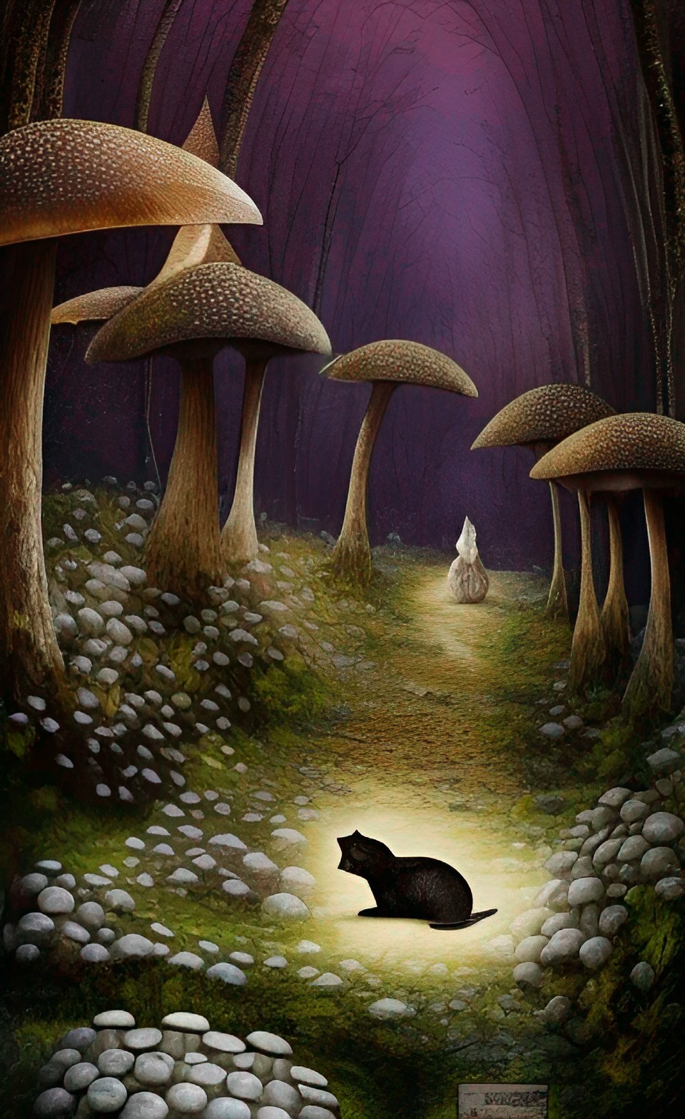 a cat dog fish mouse in a mushroom forest preview