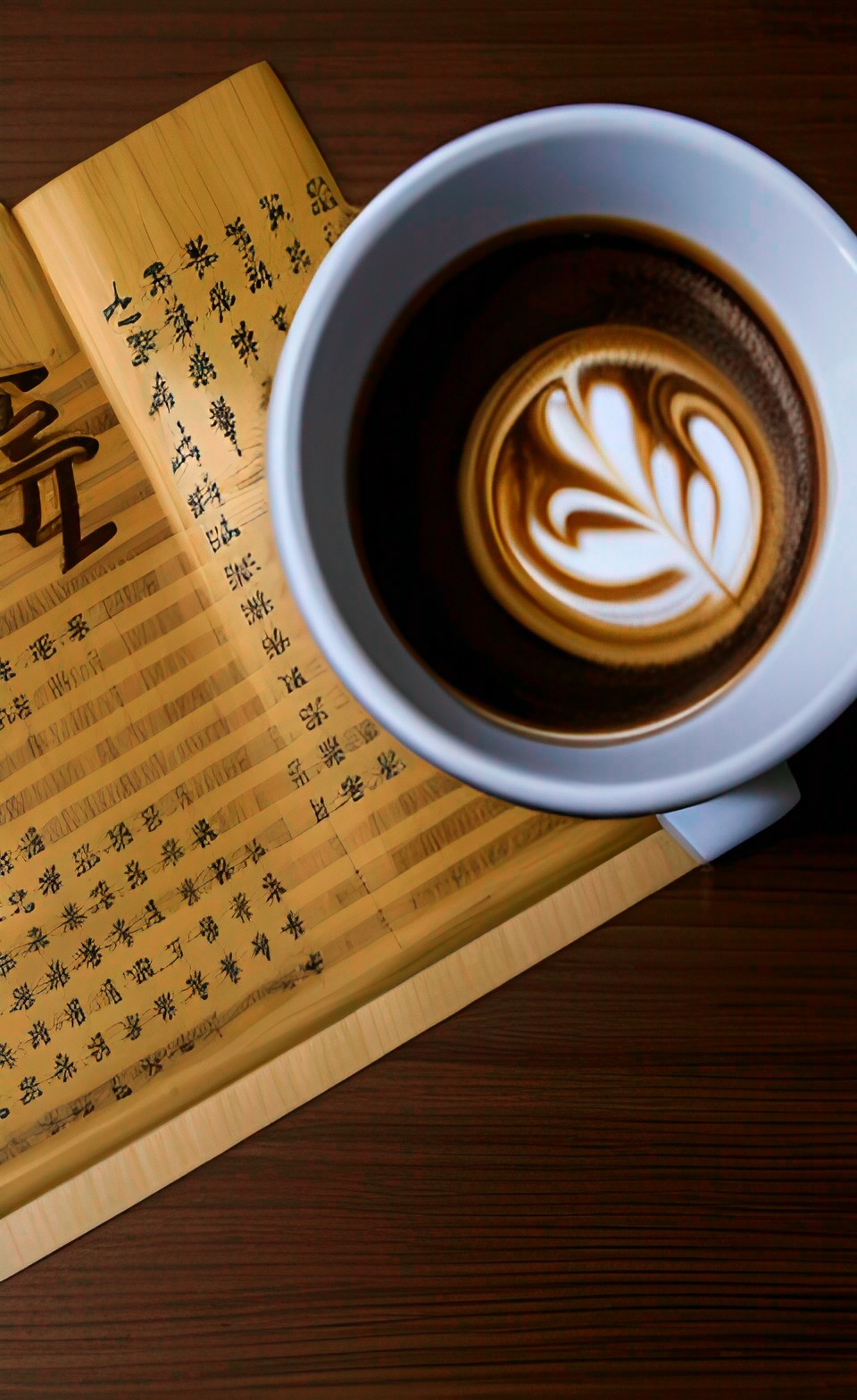 chinese wooden scroll laid out next to a cup of coffee preview