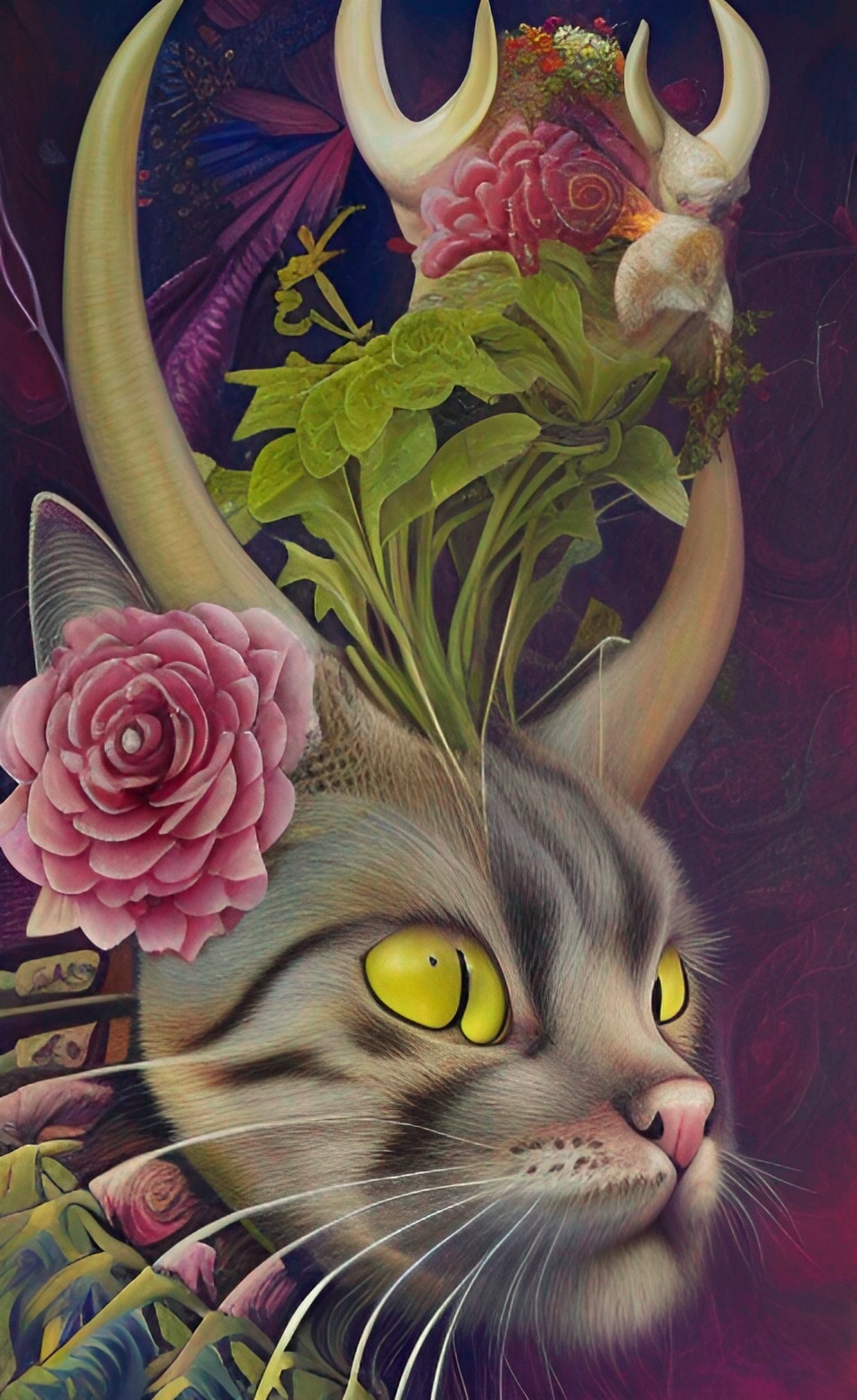 a cat with horns and plants growing out of its back preview