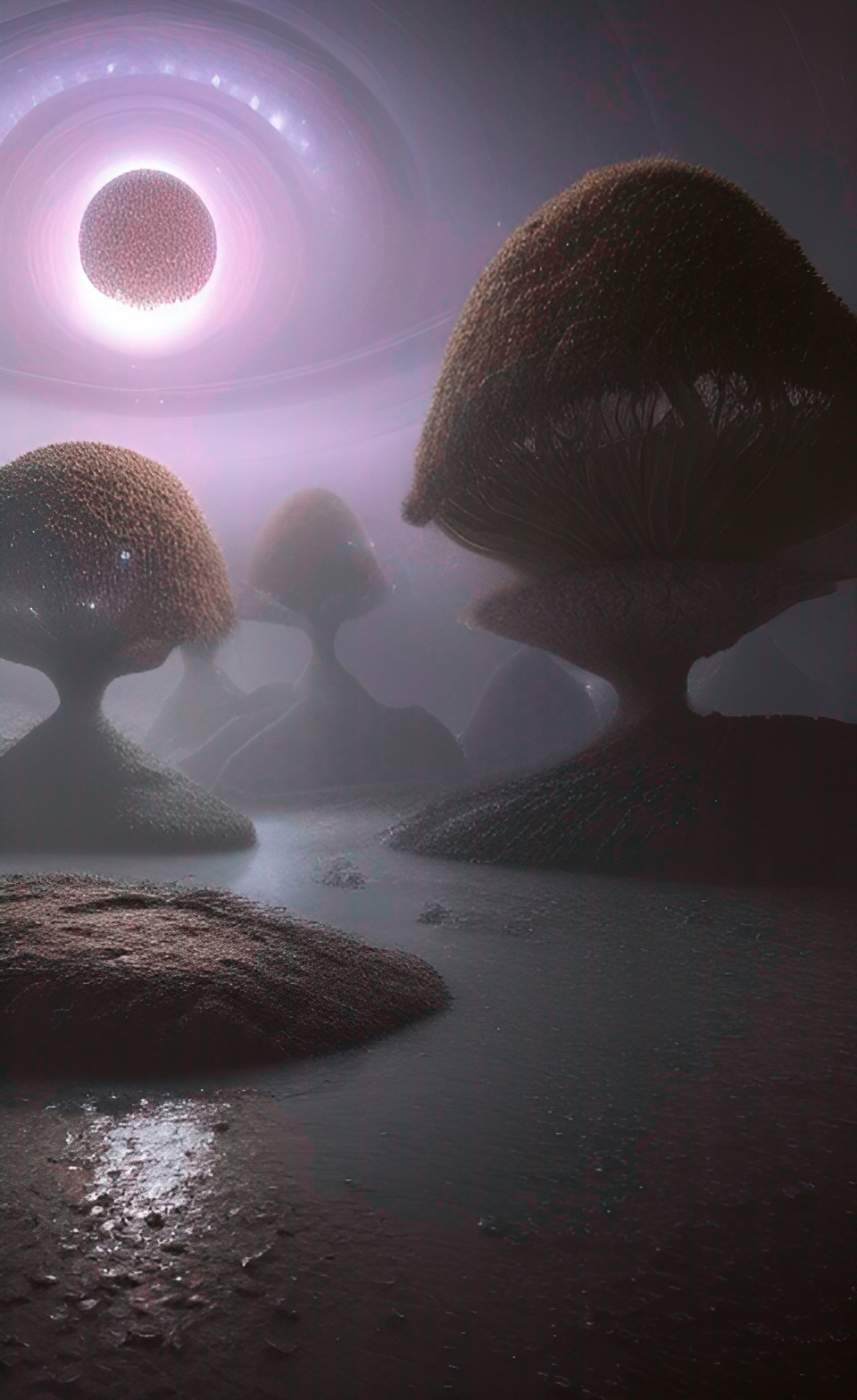 a detailed alien world with strange trees, liquid drops, river, planets, stars, alien rocks preview