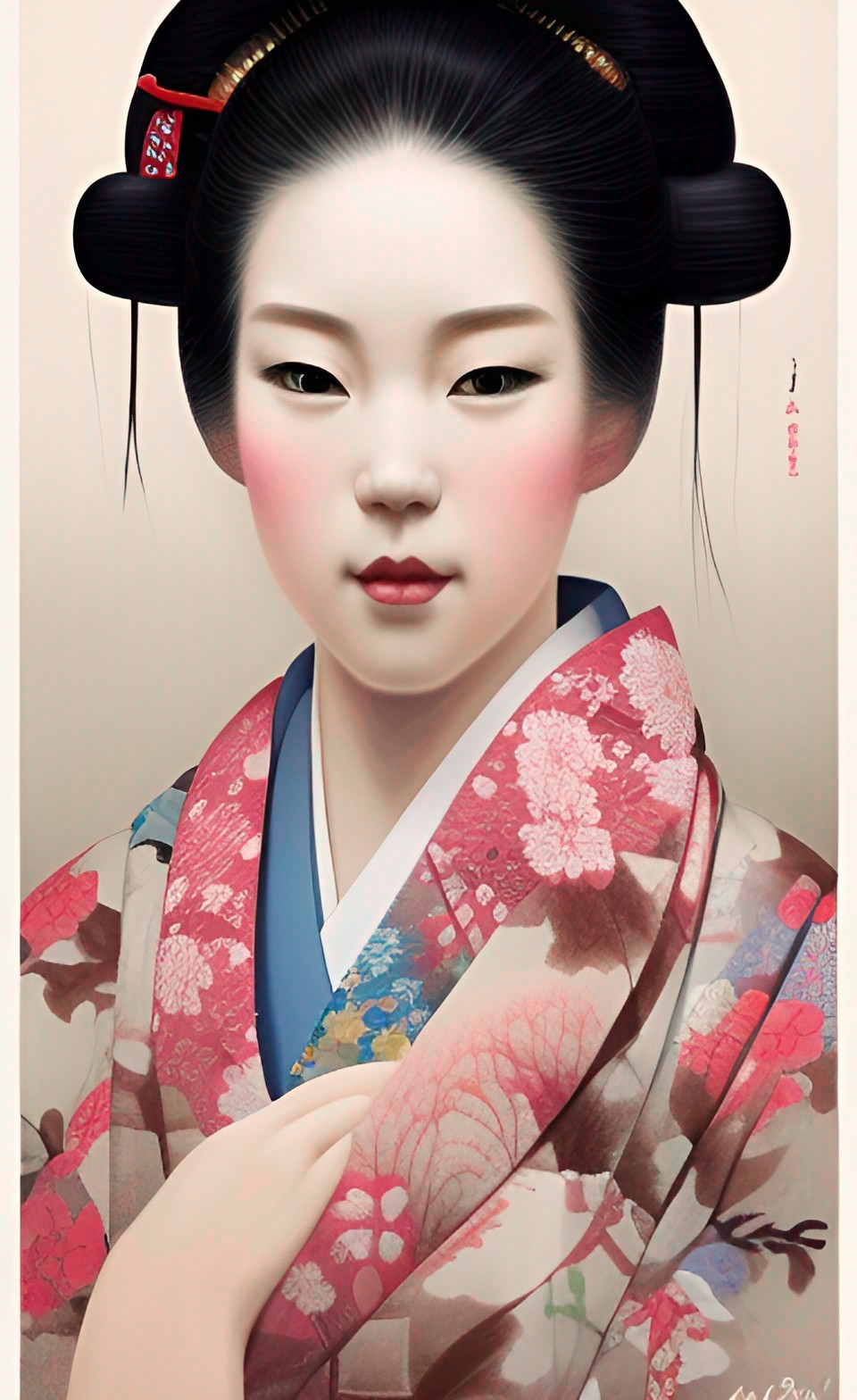 face portrait of a perfect realistic detailed geisha in elaborate kimono, japanese tea room, night preview