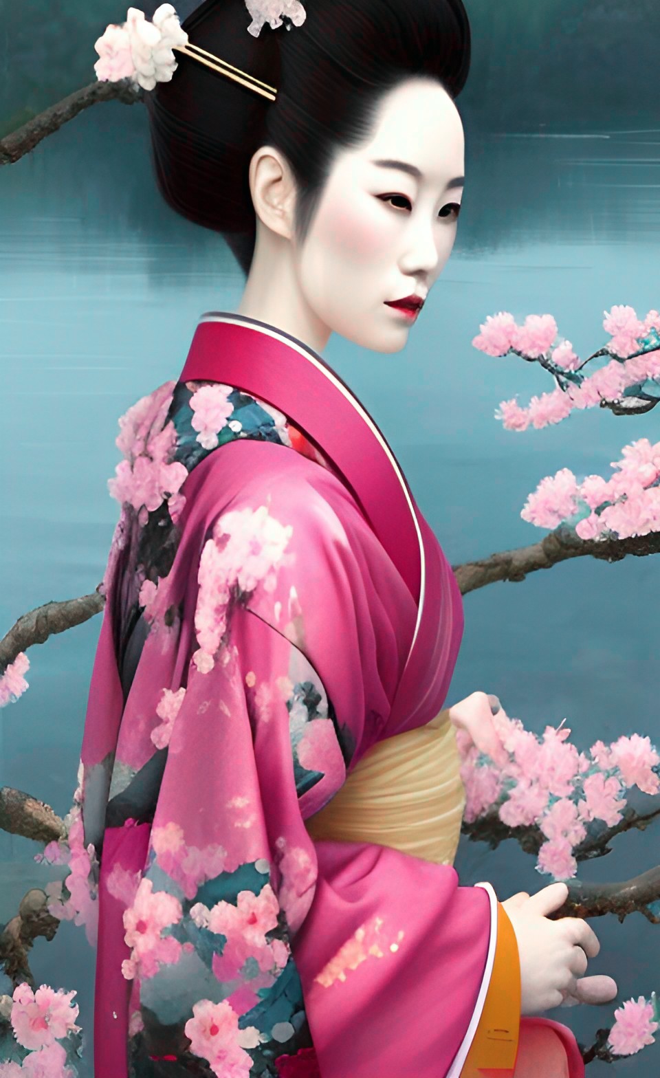 face portrait of a perfect realistic detailed geisha in elaborate kimono, by a lake surrounded by blooming cherry blossom trees preview