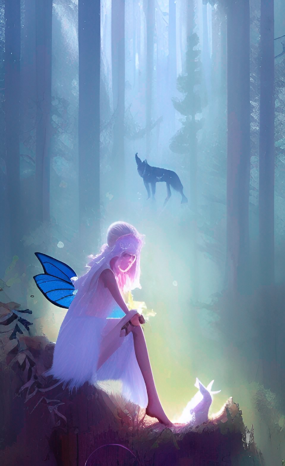 "fairy in a mystical forest with stars and a white wolf" preview