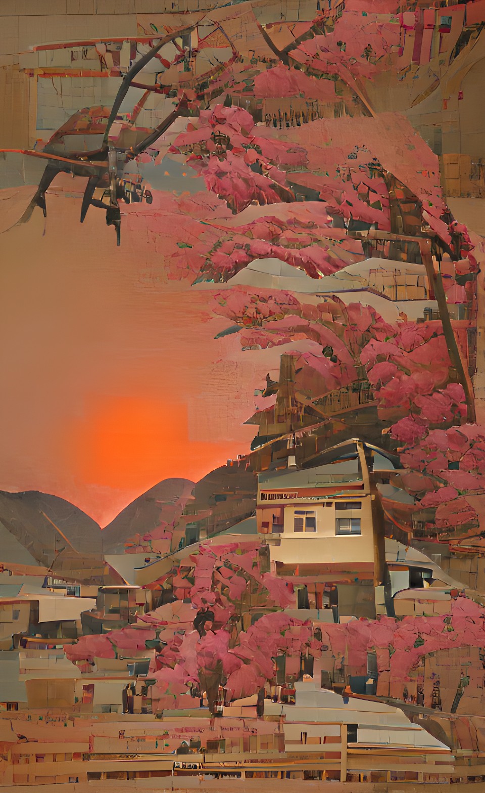 hidden japanese village in the mountains red sun, pink trees preview