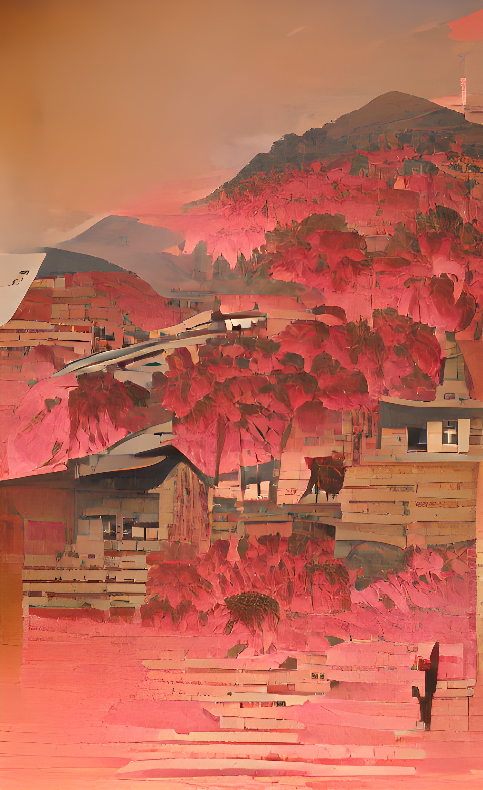 hidden japanese village in the mountains red sun, pink trees preview