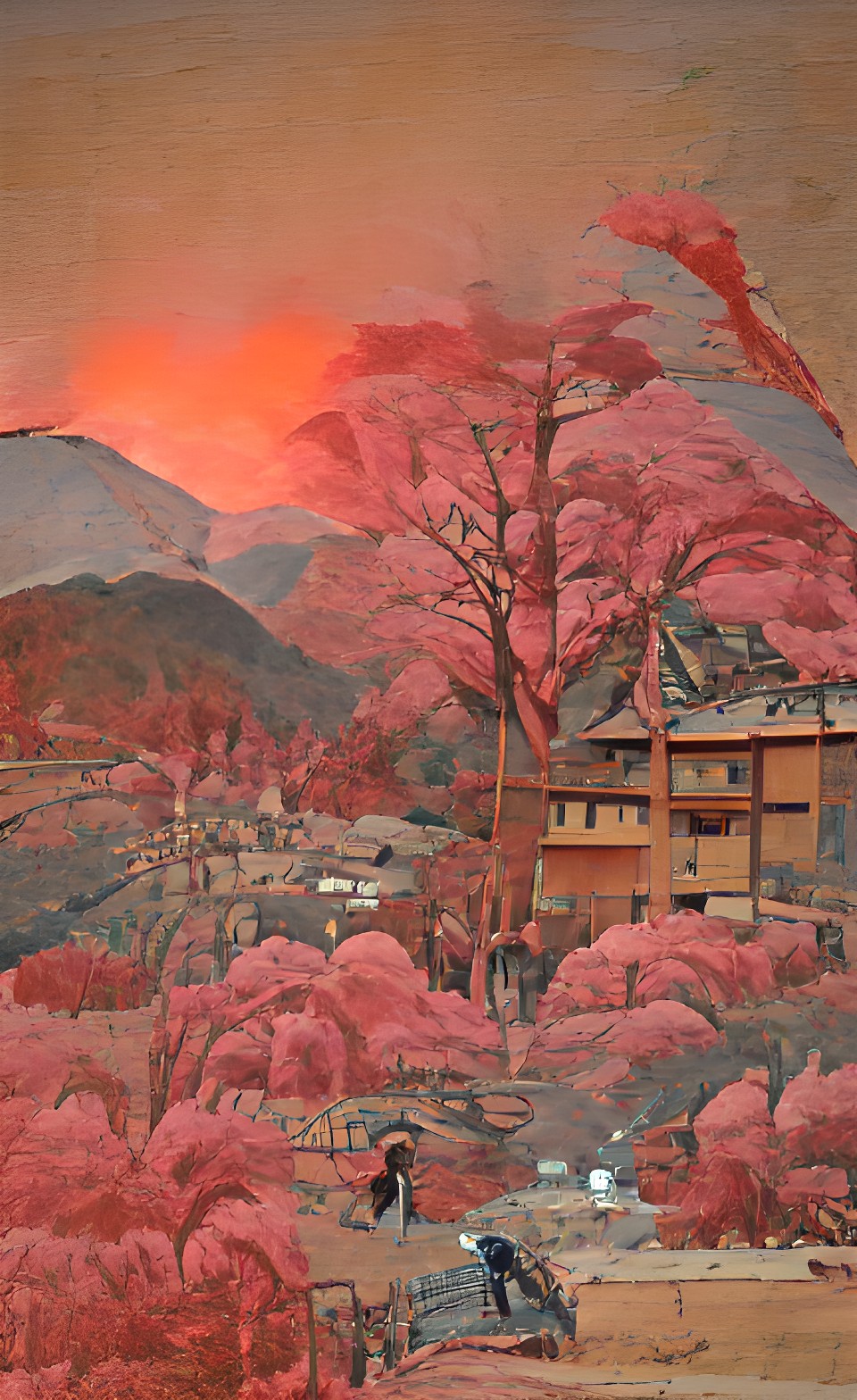 hidden japanese village in the mountains red sun, pink trees preview