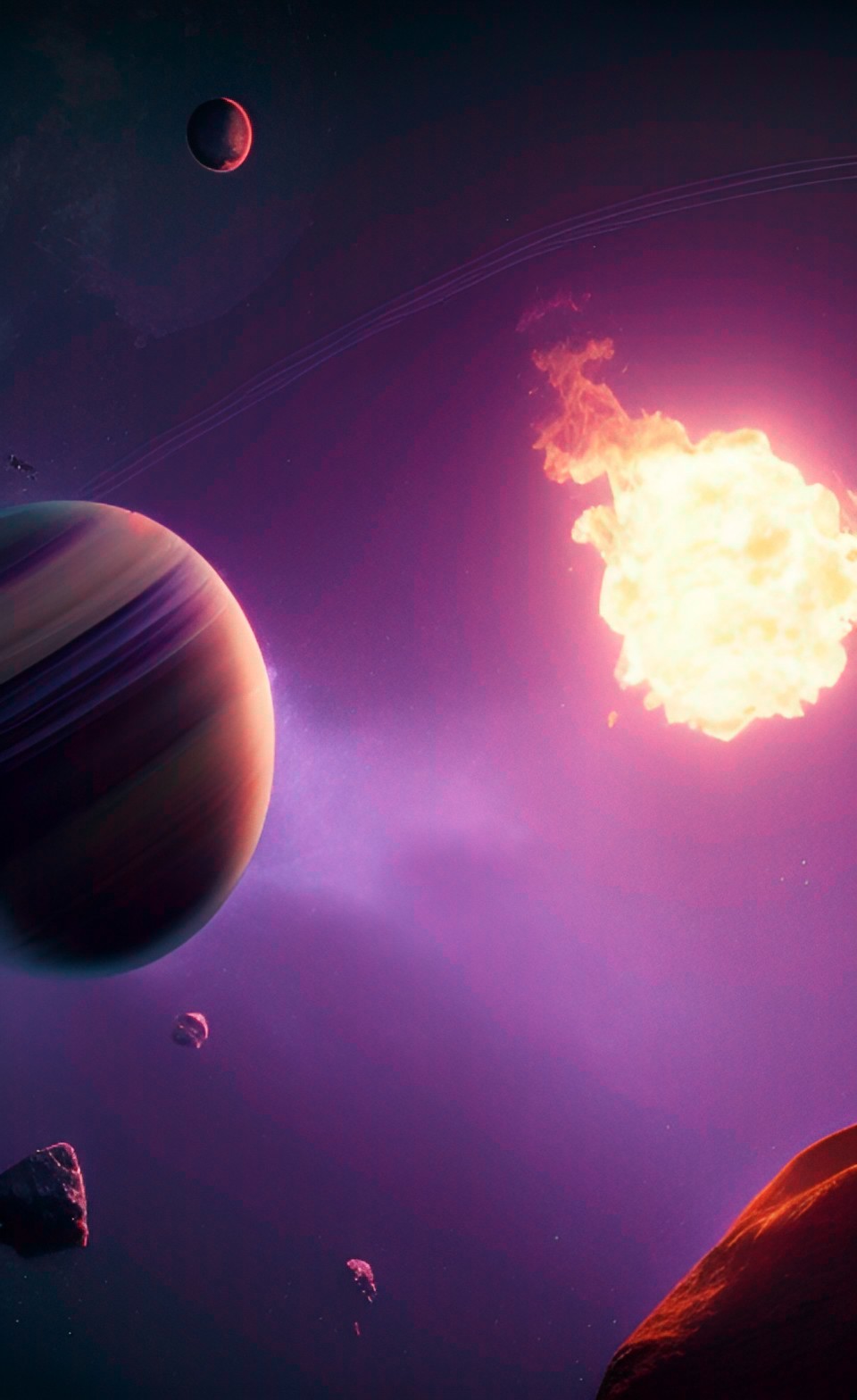 flaming wreckage on purple planet surrounded by stars and planets and black empty space preview