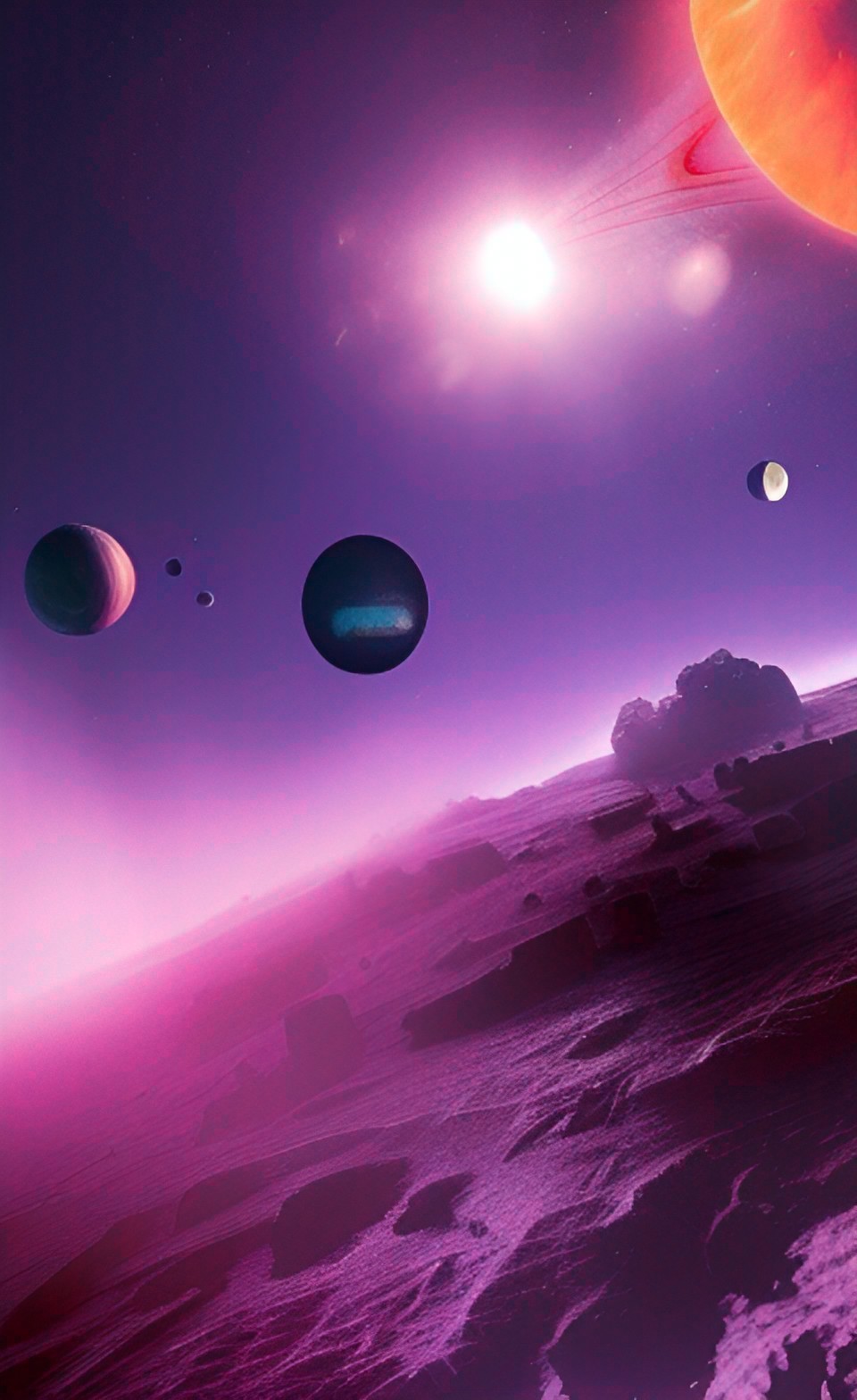 flaming wreckage on purple planet surrounded by stars and planets and black empty space preview