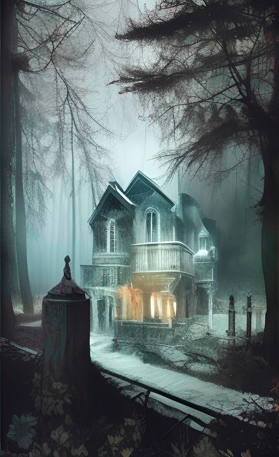 a haunted mansion in a glave in a forest preview