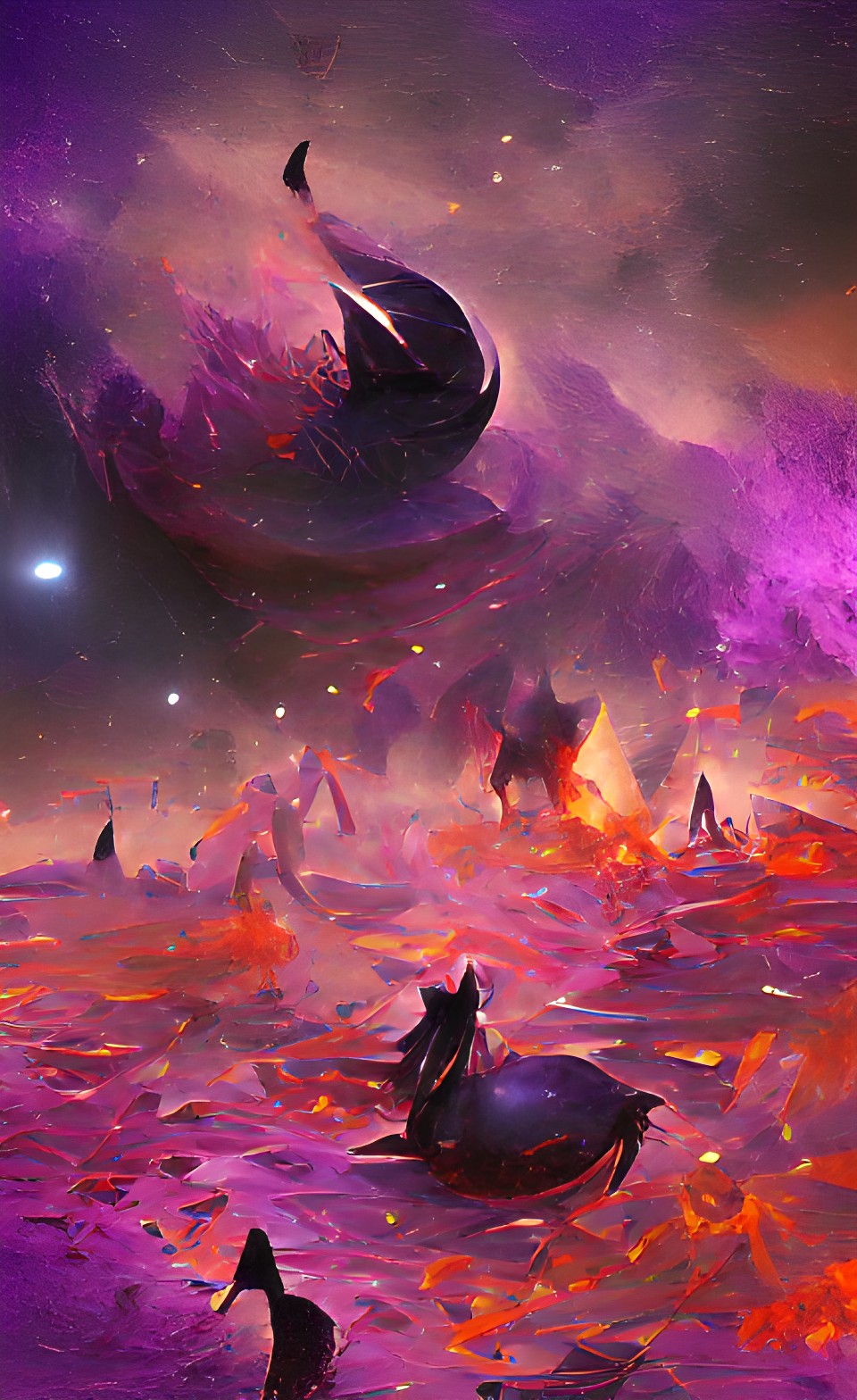 flaming wreckage on purple planet surrounded by stars and planets and black empty space preview