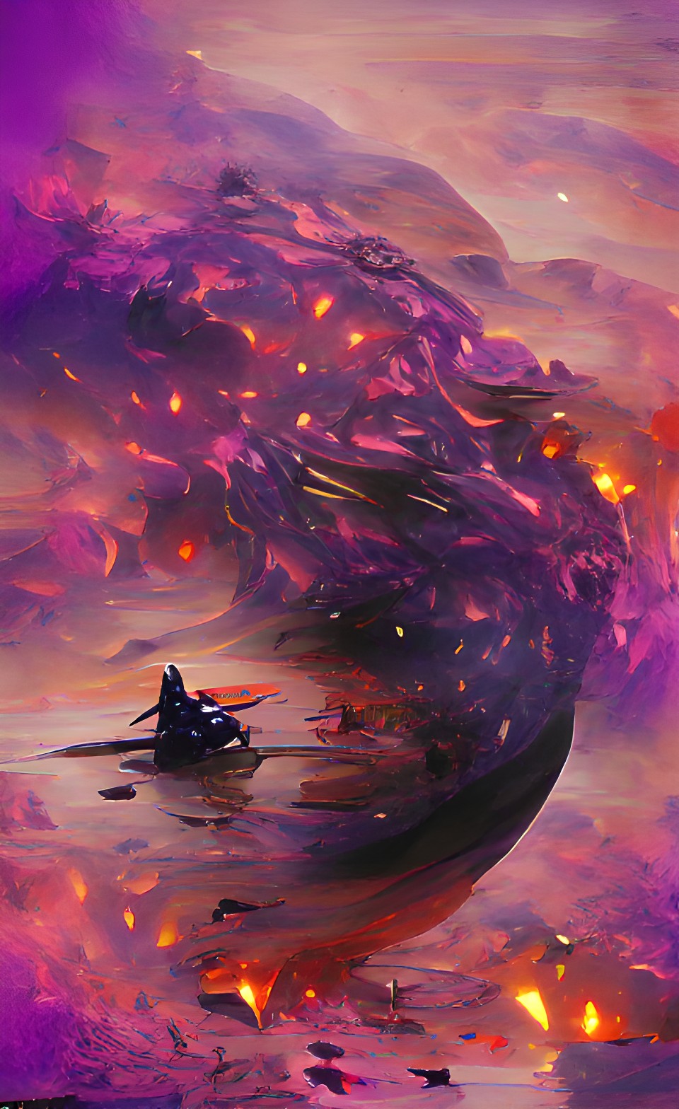 flaming wreckage on purple planet surrounded by stars and planets and black empty space preview