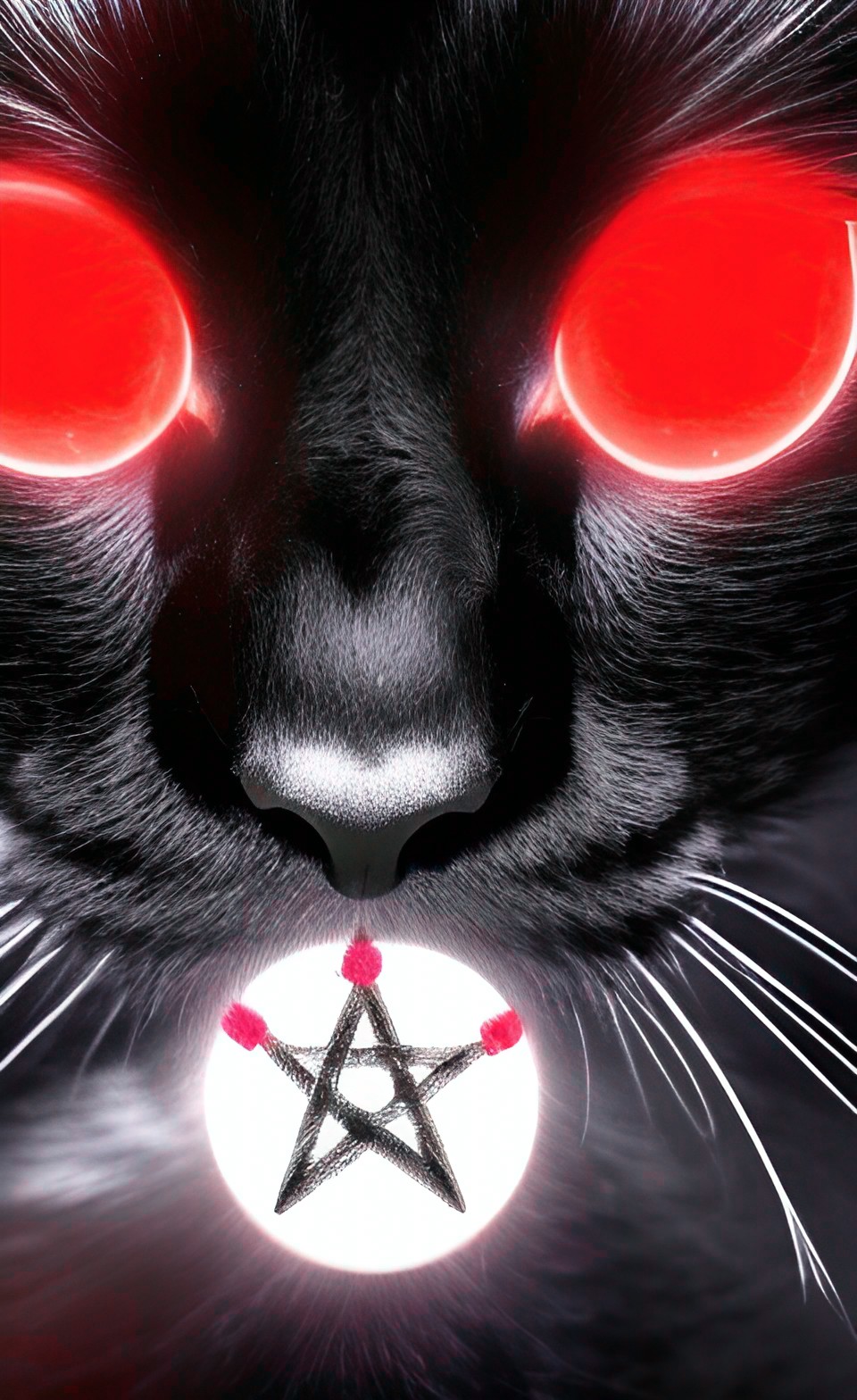 a black cat with red glowing eyes and horns standing in the middle of a pentacle preview