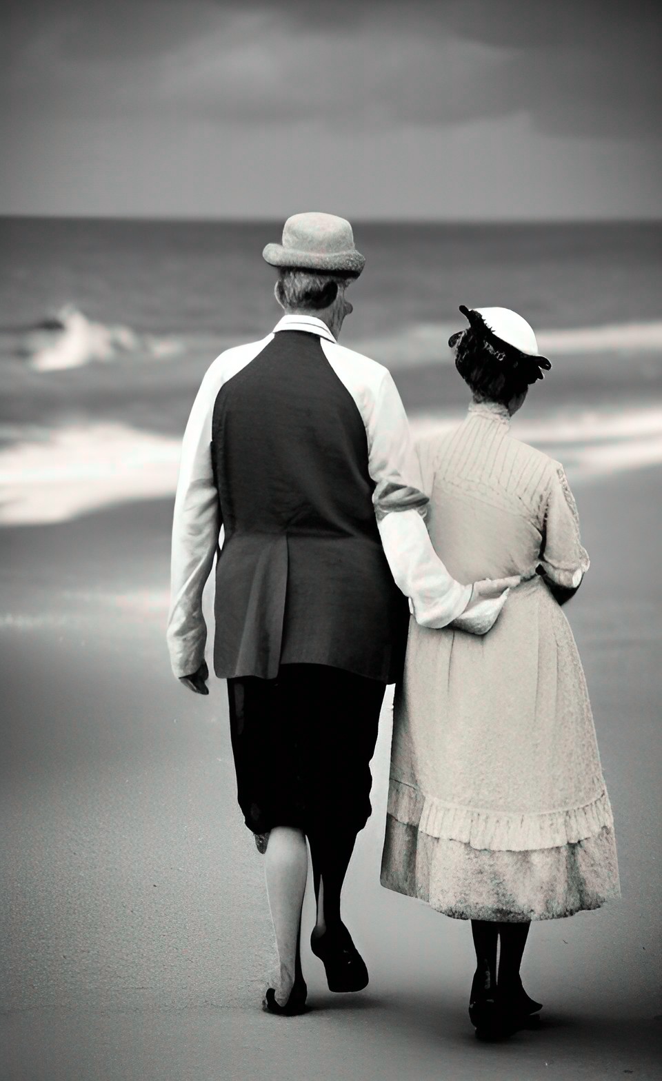 vintage, victorian old couple walking down the beach, reminiscent of the past vintage, victorian old couple walking down the beach, reminiscent of the past, with carefully chosen details and a touch o preview