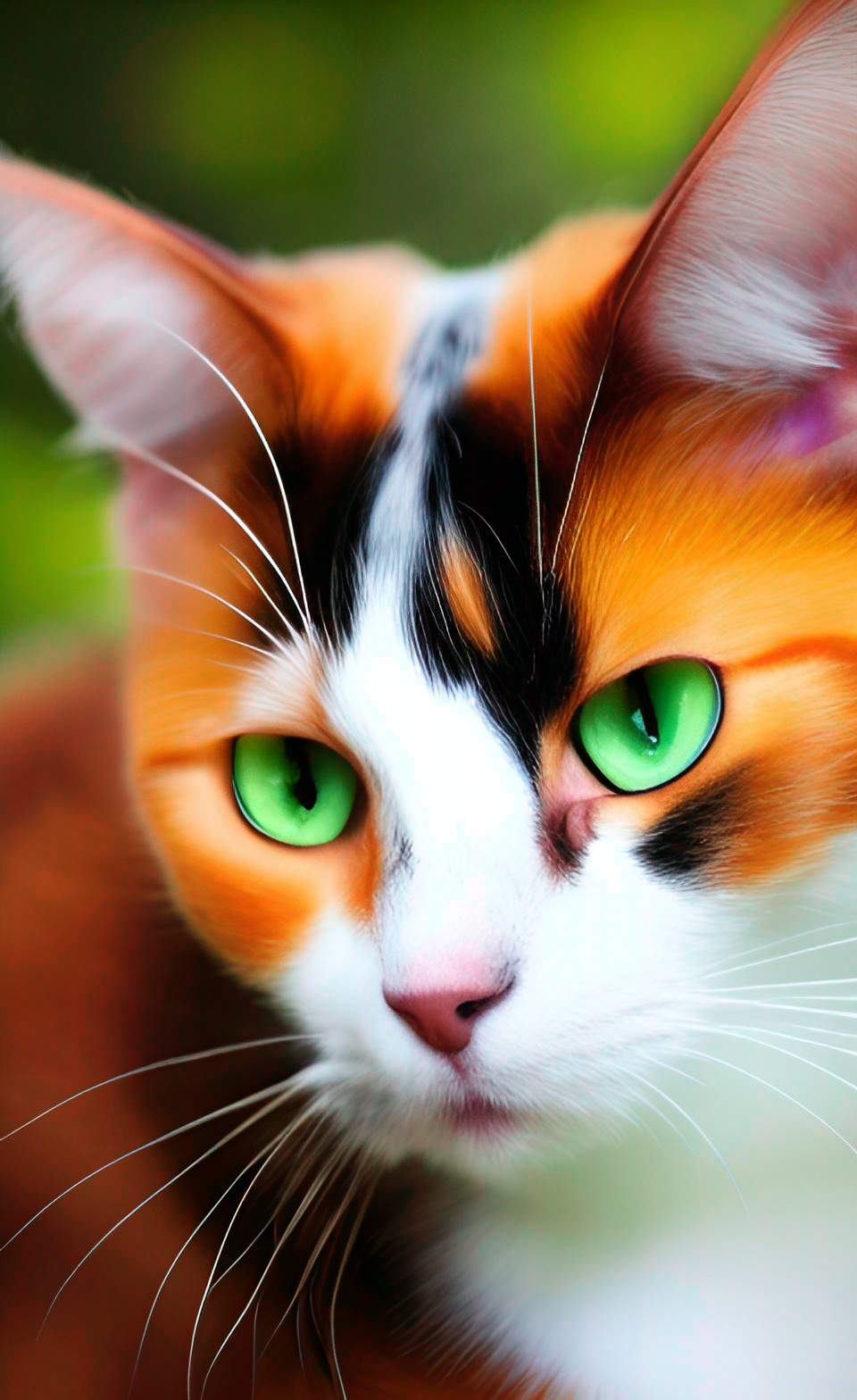 Sorreltail - calico cat with detailed amber eyes  in a forest preview