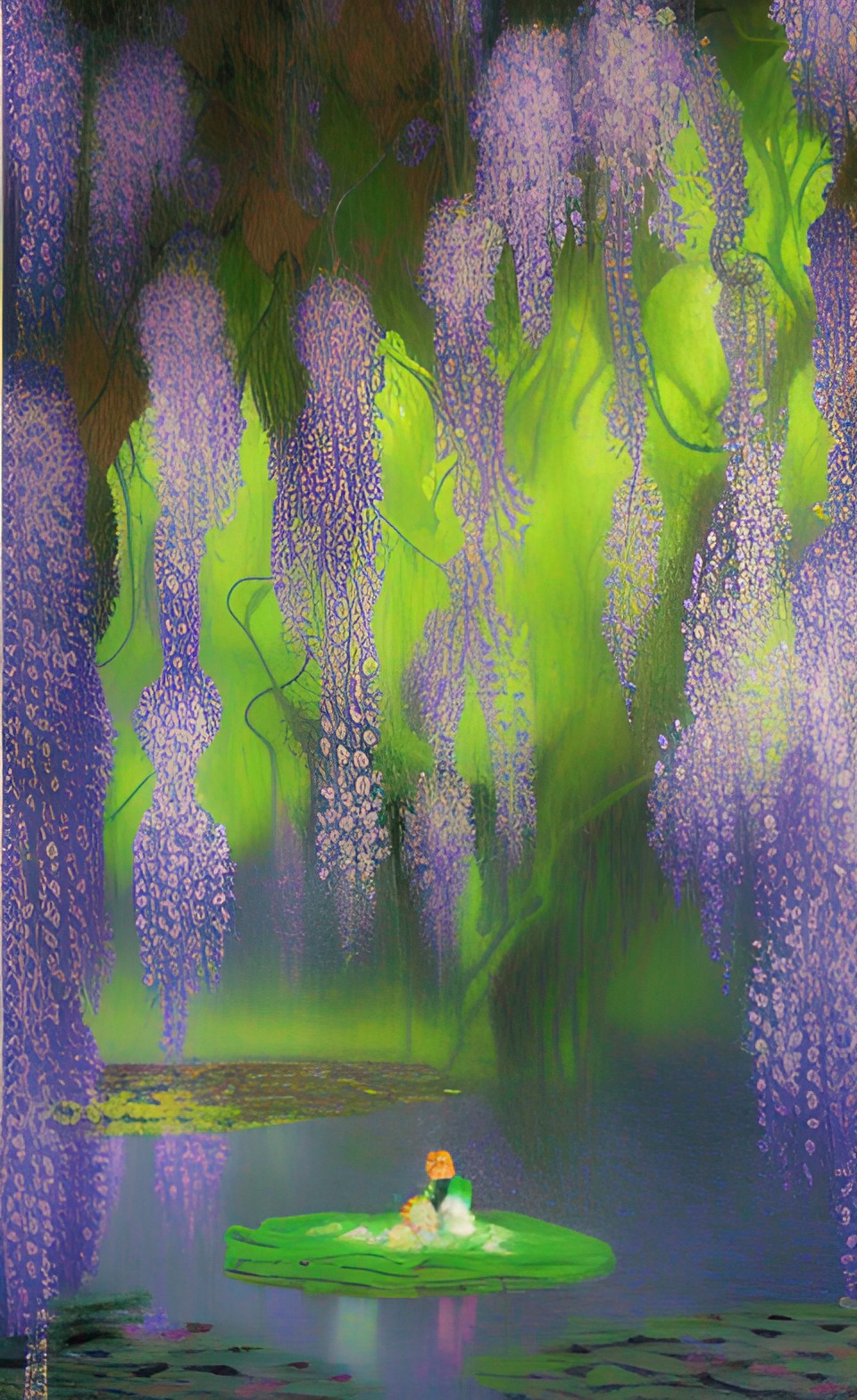 lush caves, wisteria vines, deep hole, lilypads, dark rocks, glowberry vibes, by monet preview