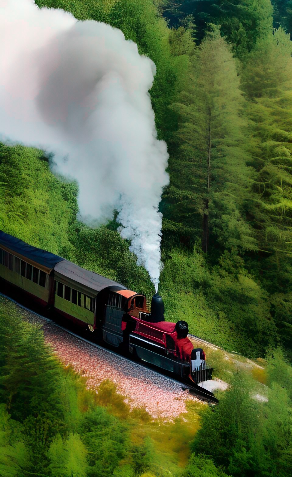 a steam engined train running through the forests of a hill preview