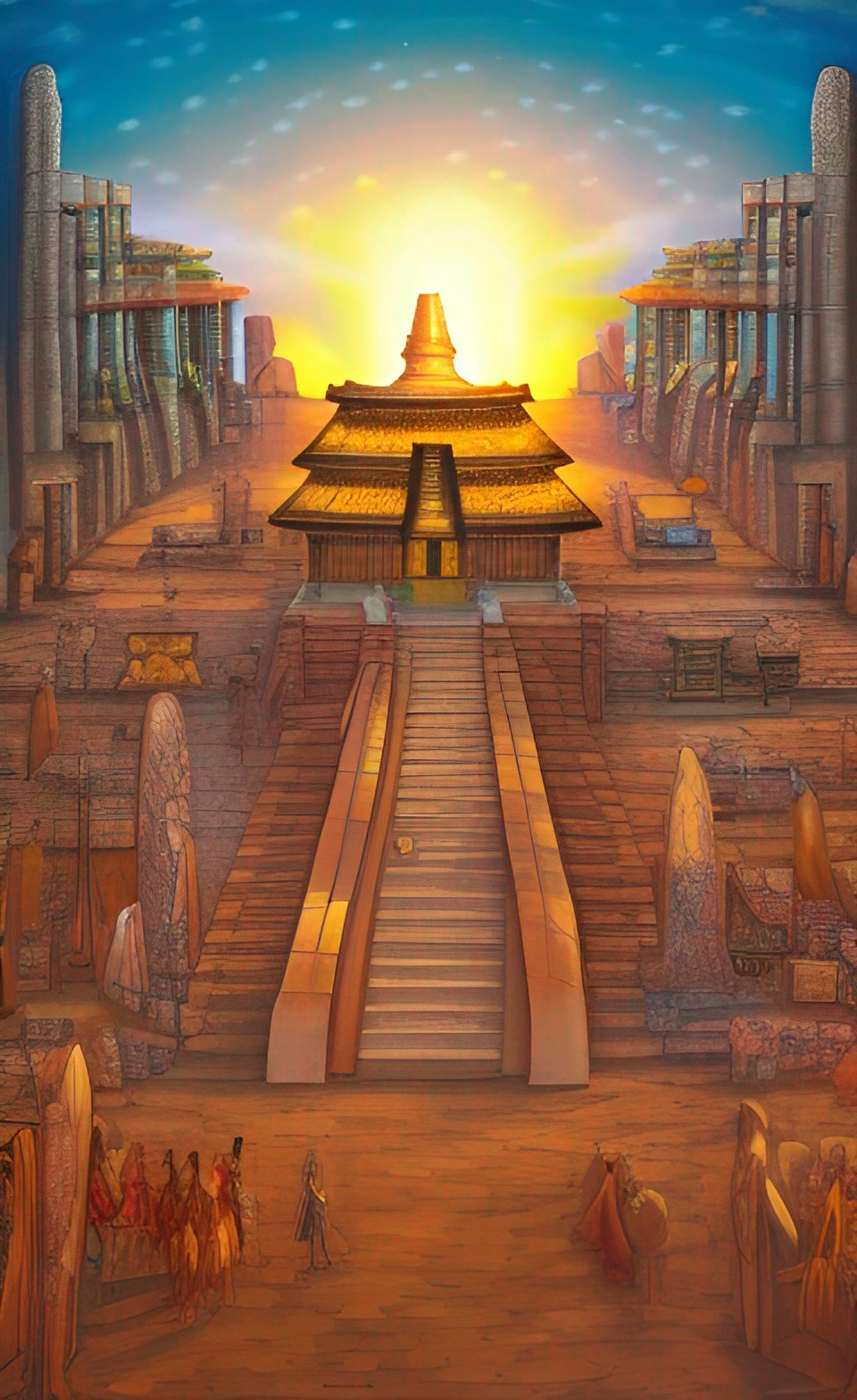 temple of the sun, fantasy city, square full of robed pilgrims preview