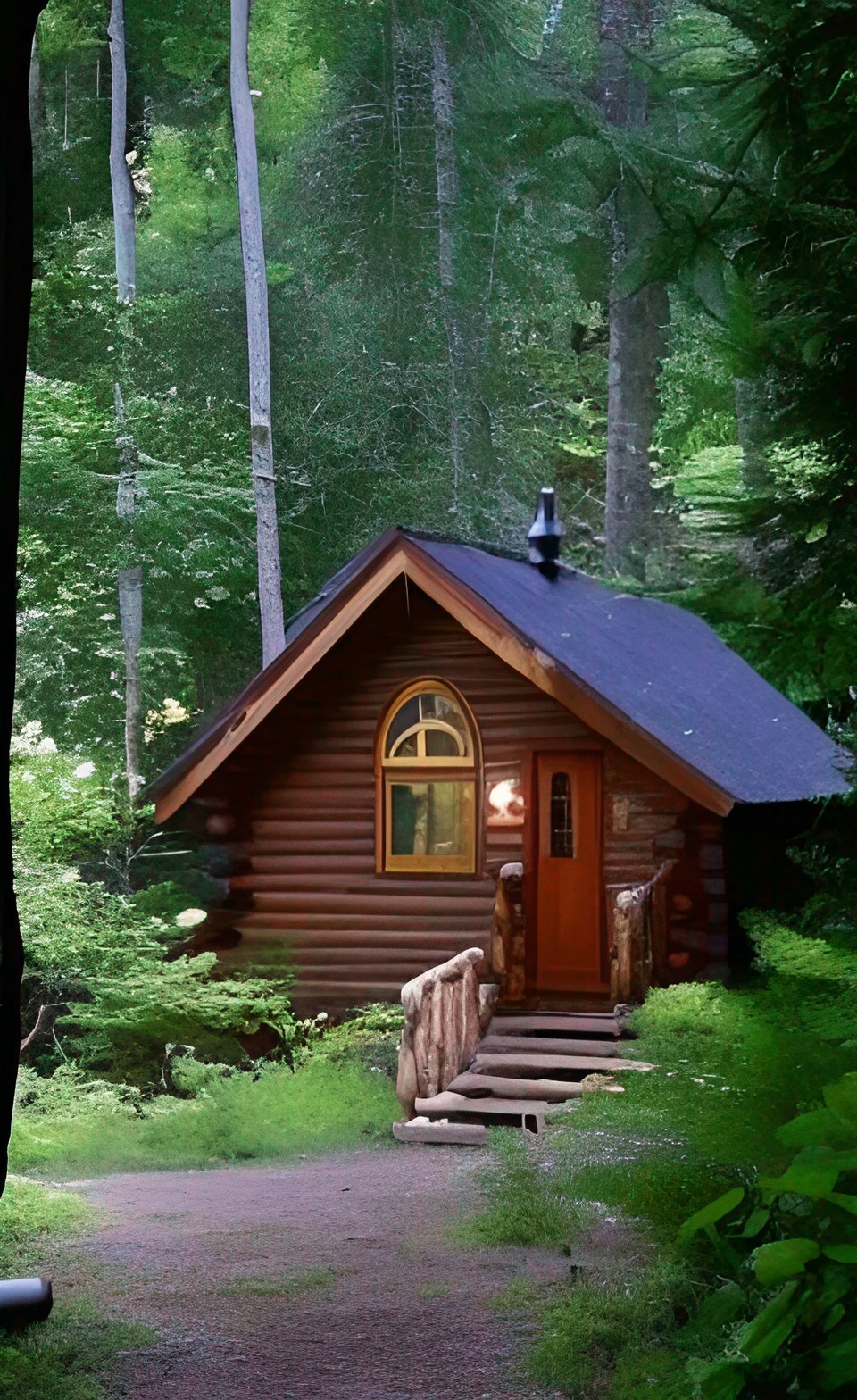 my happy place, cozy, warm little cabin deep in the woods, flowers along the path preview