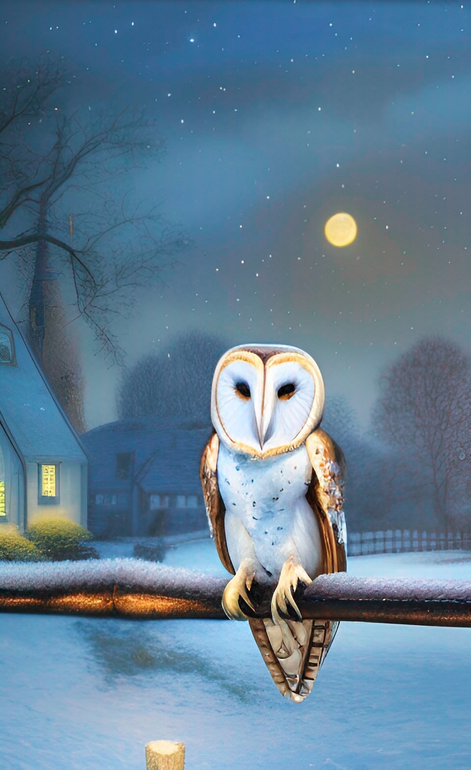 close-up of an ultra realistic detailed barn owl in tree in front of an 18th century thomas kinkade cottage at night, moonlight, ultra realistic, highly detailed, 8k uhd, 100mm, high-resolution preview