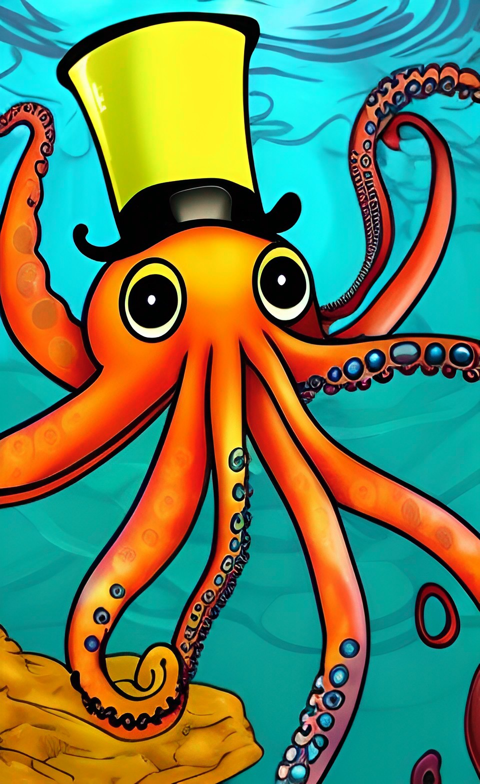 octopus wearing a top hat, colorful under sea waterscape preview