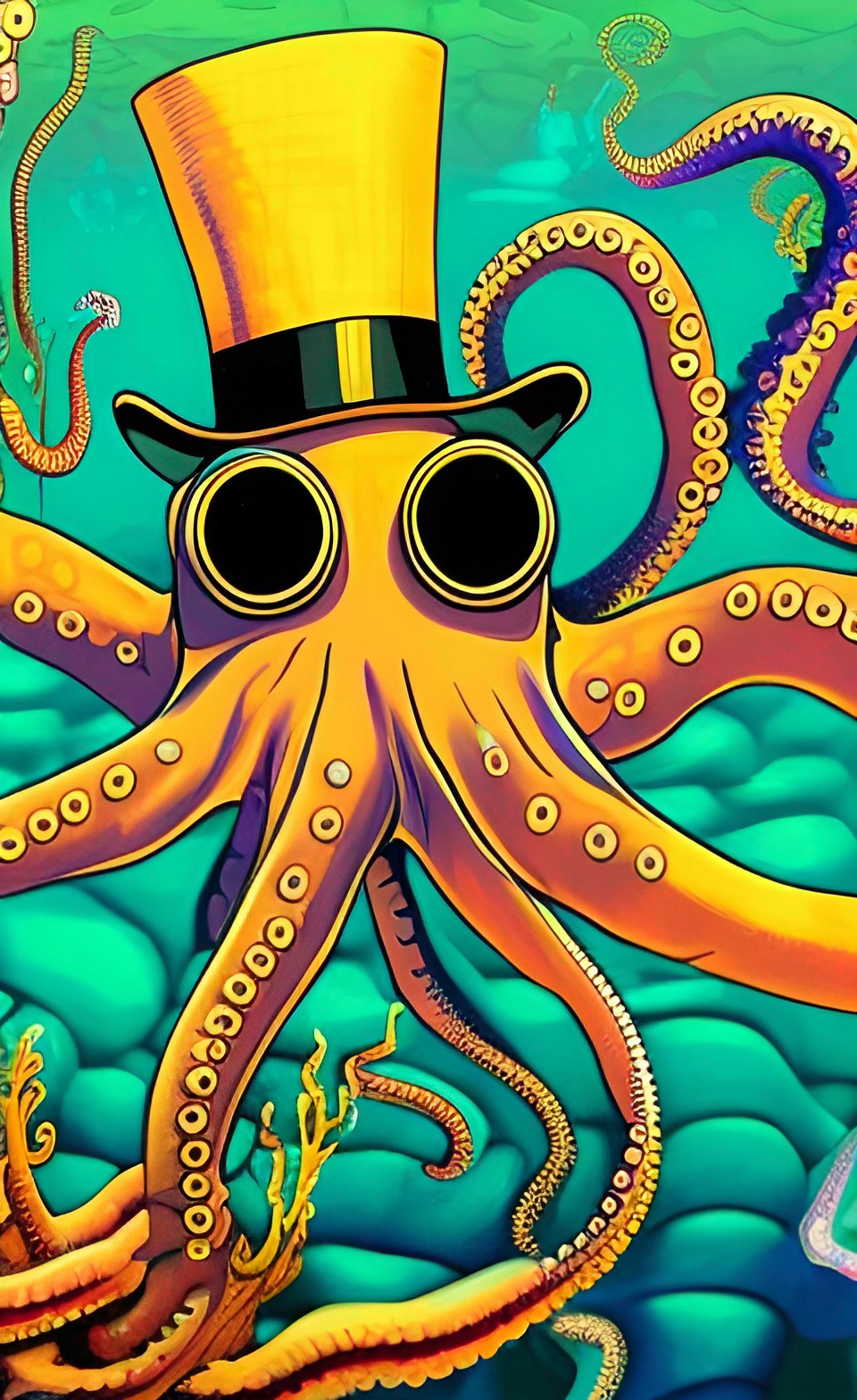 octopus wearing a top hat, colorful under sea waterscape preview