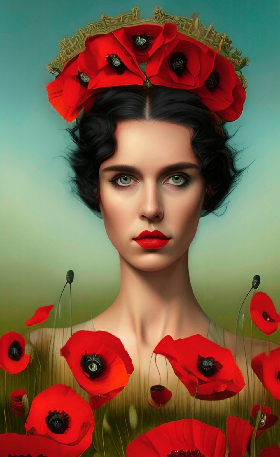 "portrait of a red poppy queen with a crown of poppies swept back black hair, regal, green eyes, windy,sharp focus, award - winning, trending on artstation, masterpiece, highly detailed, intricate" preview