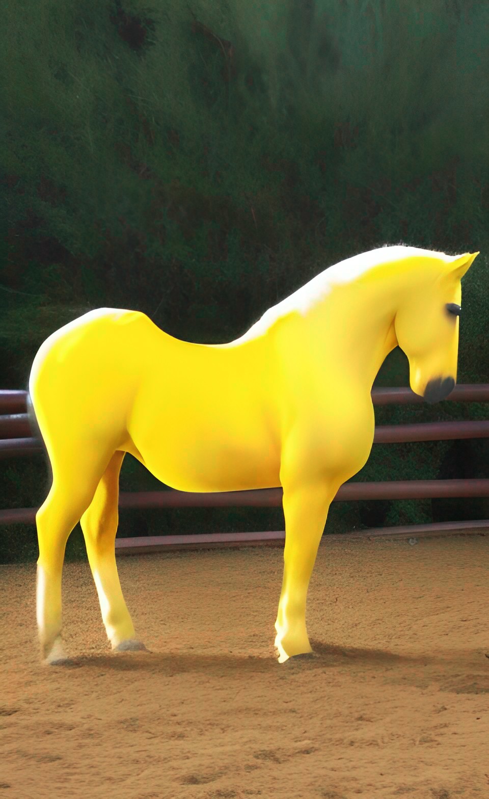 bright yellow coat horse with standing still one hoof pawing ground full view ranch black preview