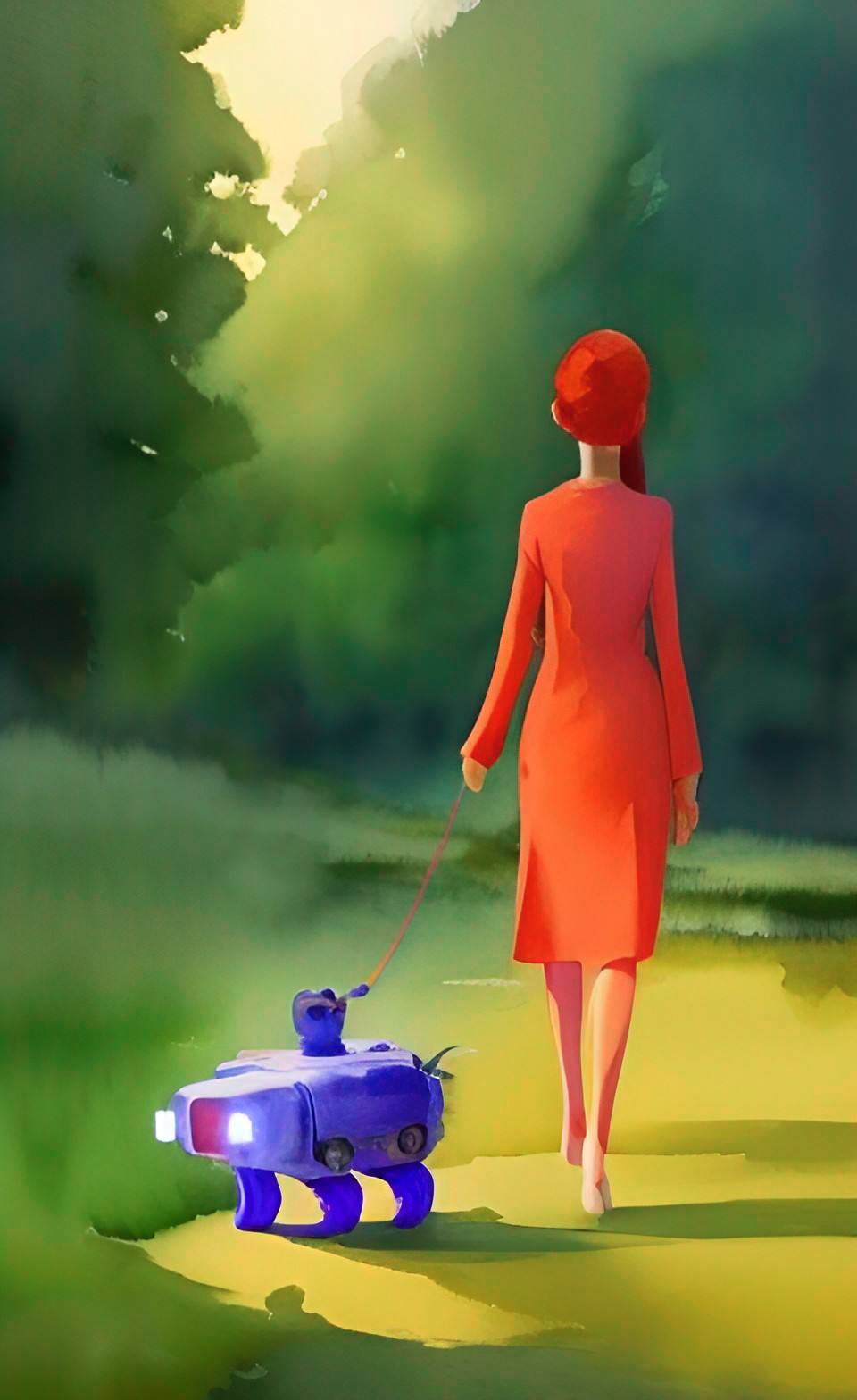 woman walking her pet robot in the park preview