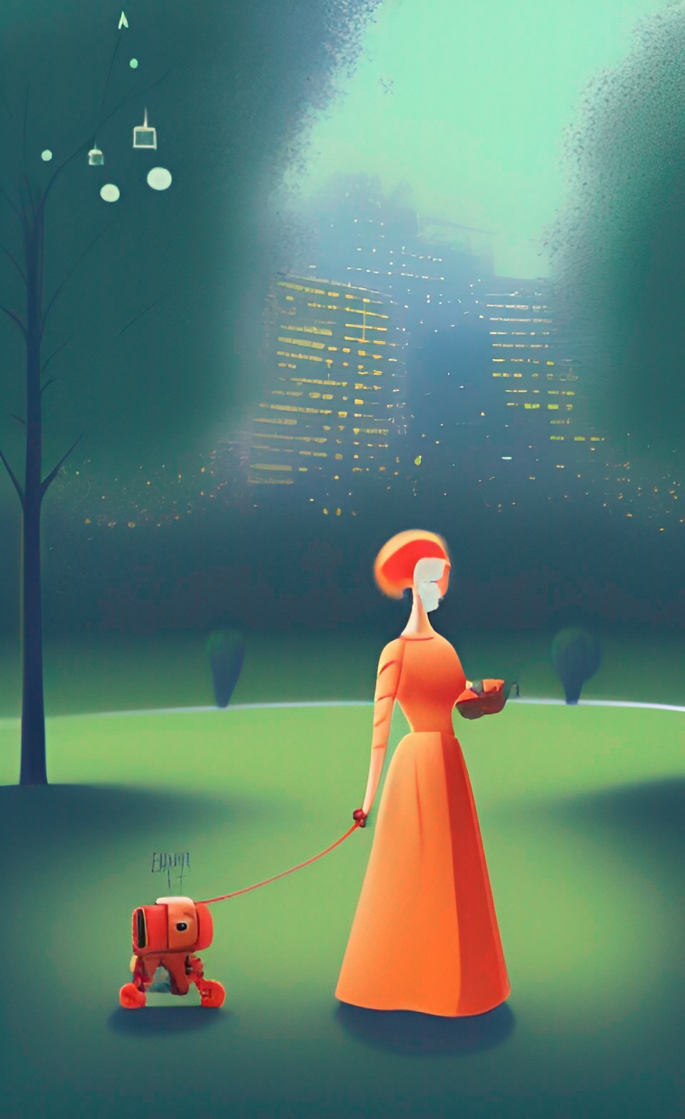 woman walking her pet robot in the park preview