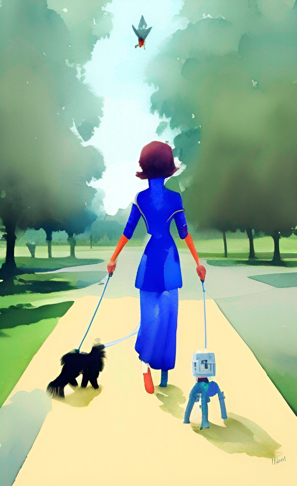 woman walking her pet robot dog in the park preview