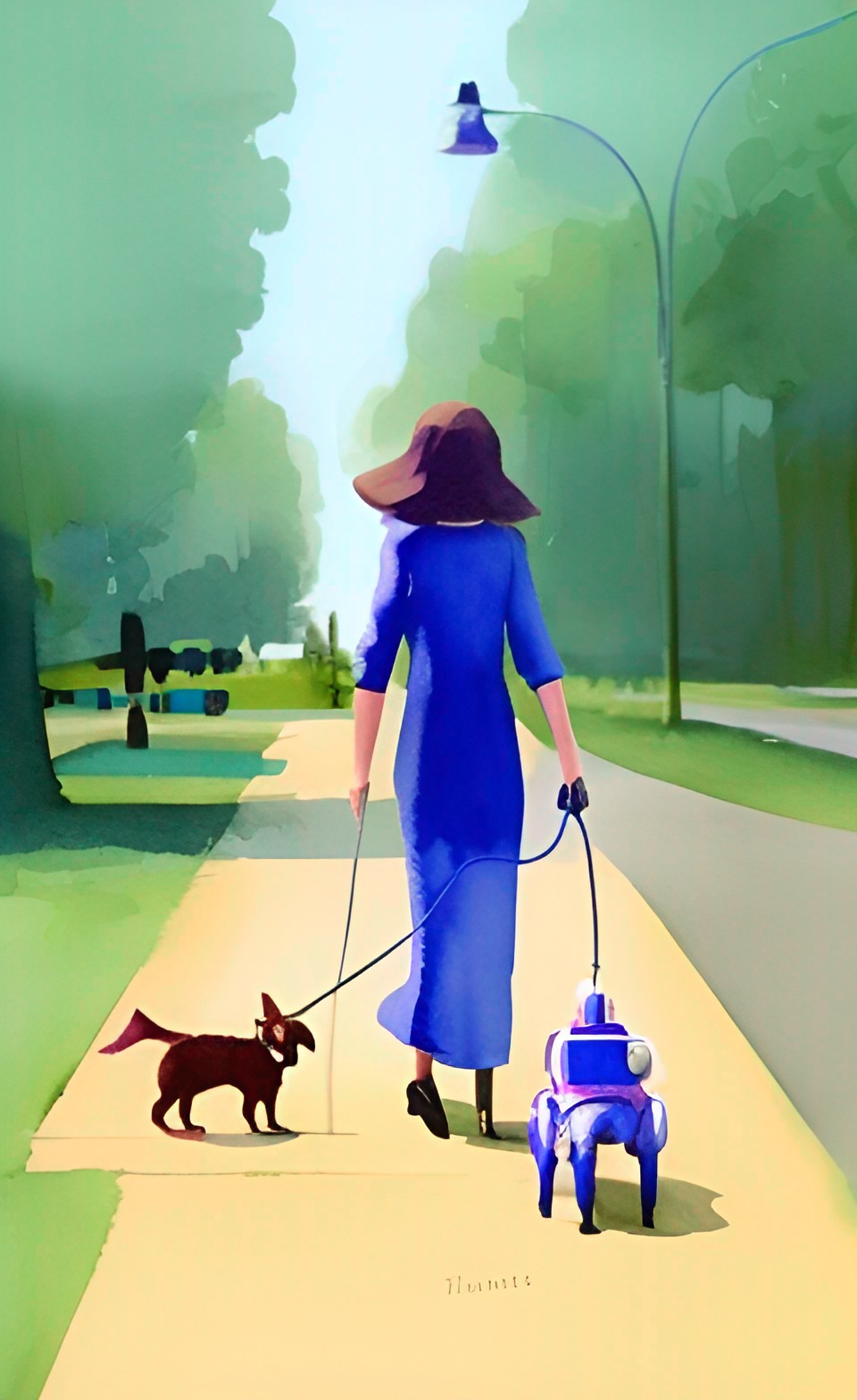 woman walking her pet robot dog in the park preview