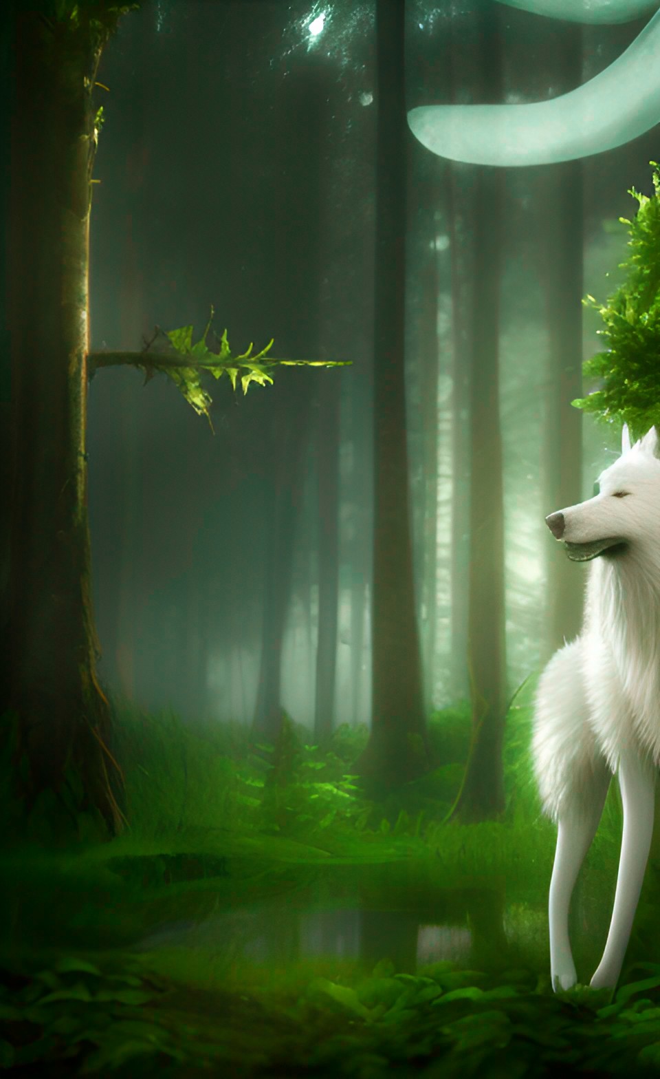 "fairy in a mystical forest with stars and a white wolf" preview