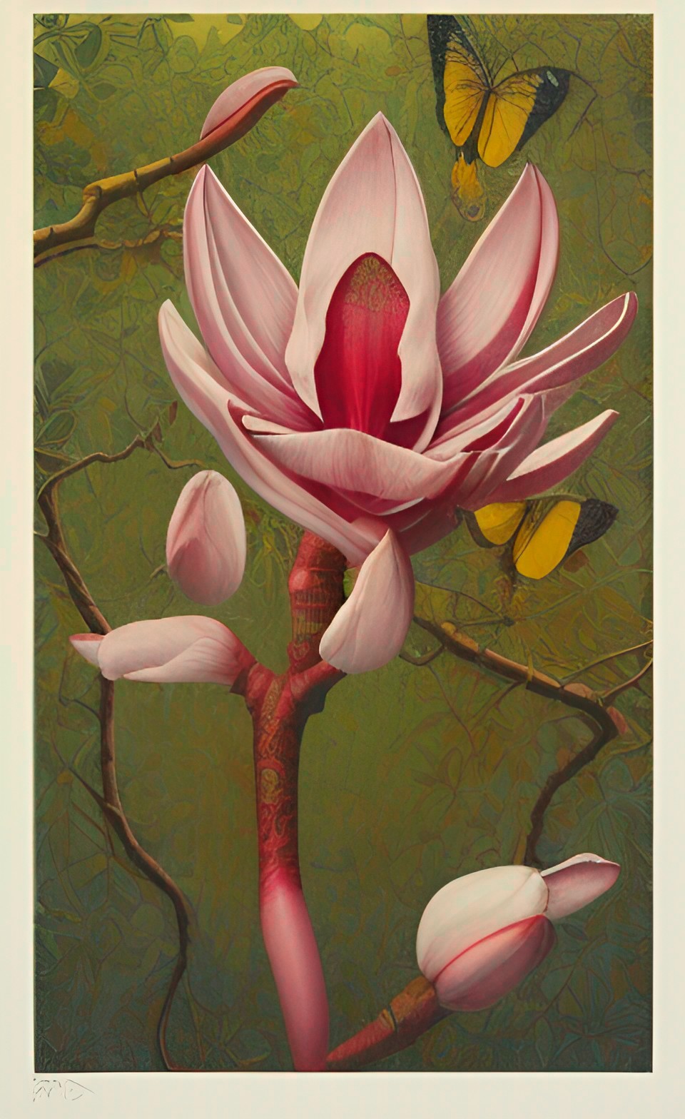 red magnolia tree with white and gold flowers preview