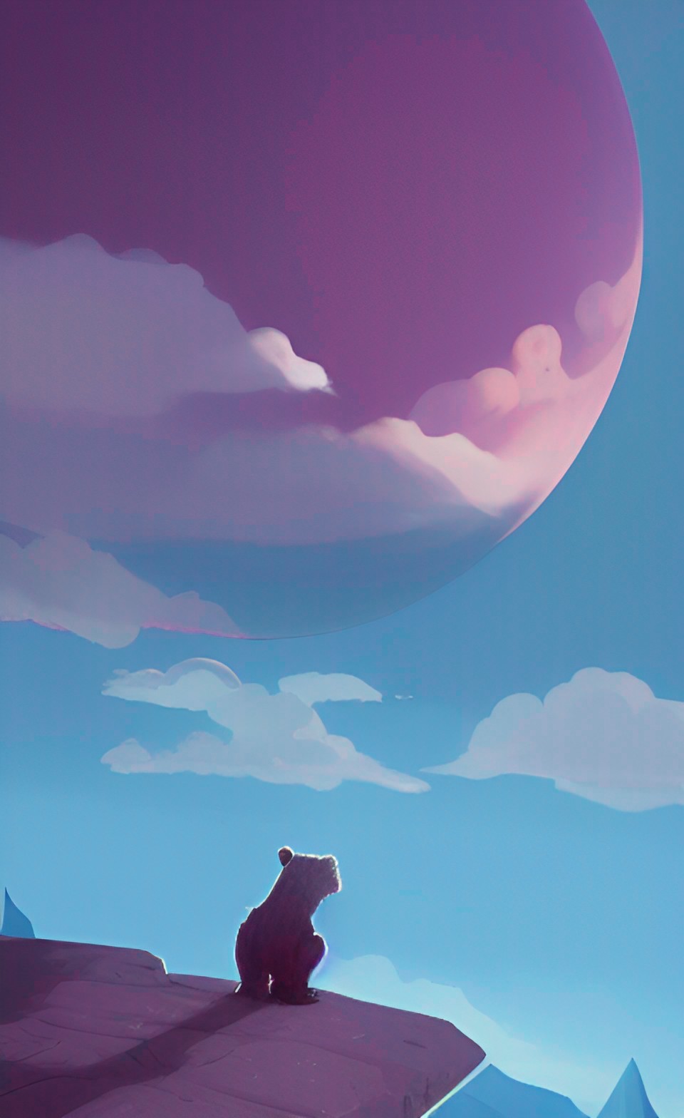 cartoon illustration of a bear mascot being launched from a futuristic marble planet, purple and orange cloudland preview