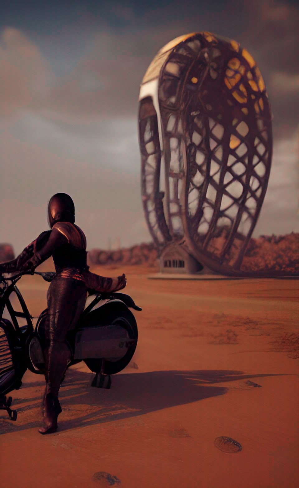 Desert 13 - future gladiator, cool motorcycle, dilapidated giant structures, desert, eerie preview